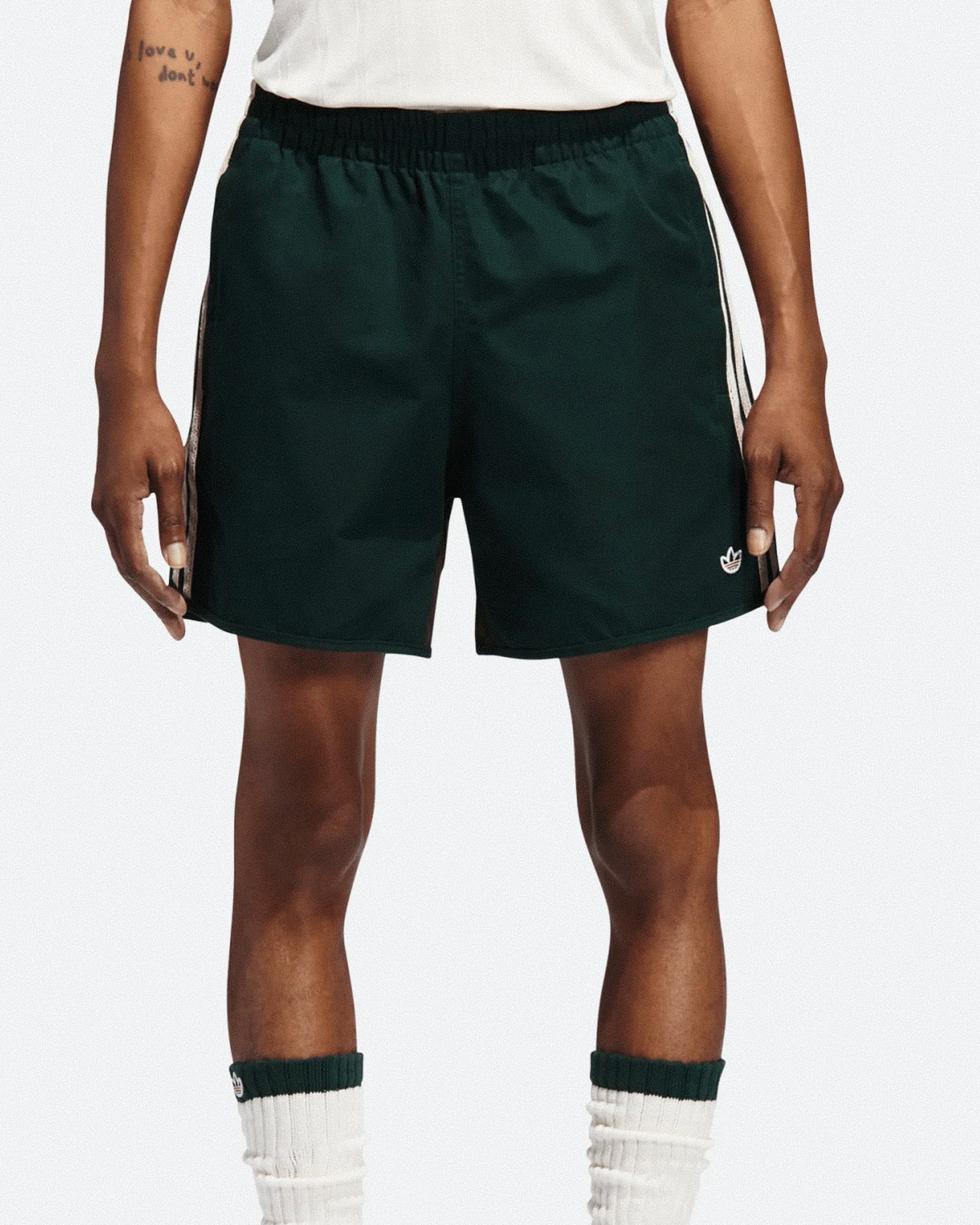 Clot x adidas Sprinter Shorts Green Night / Dark Brown Shorts JP3871 On Model Front View | Overkill