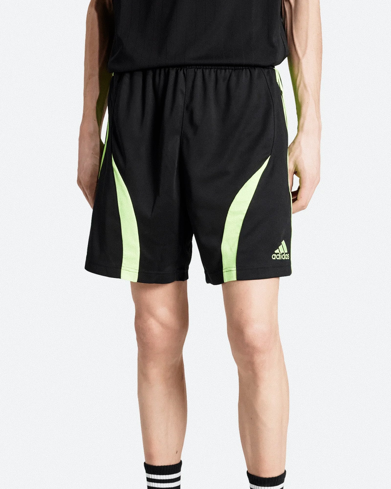 adidas Teamgeist Shorts Black / Signal Green Shorts JW1350 On Model Front View | Overkill