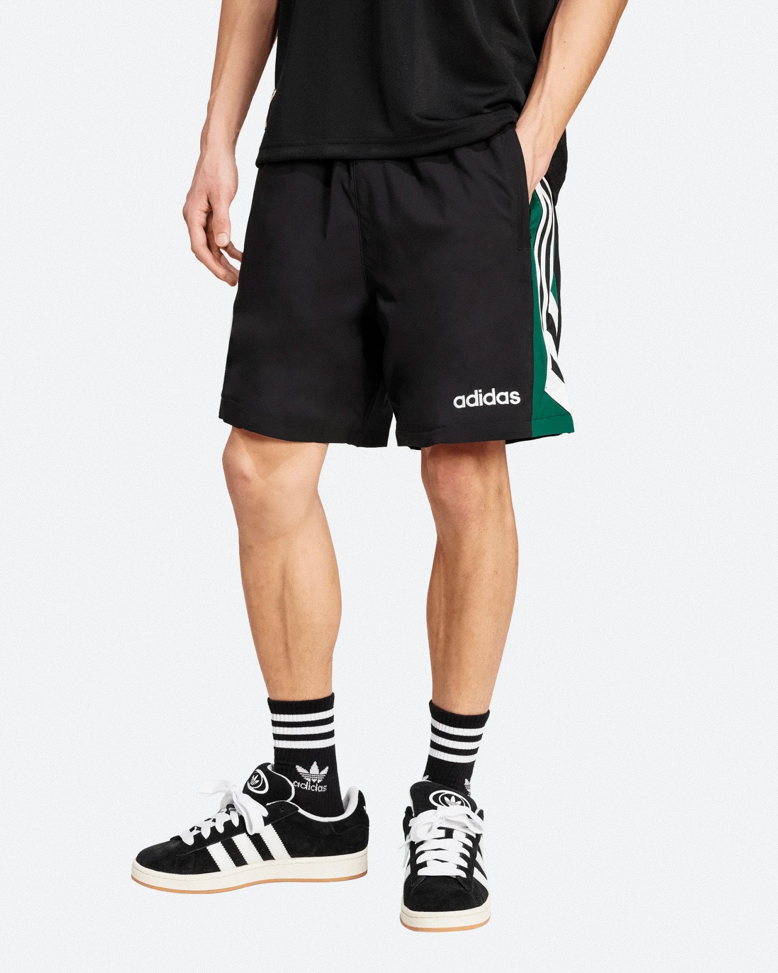 Adidas 90s Football Shorts Black Shorts JX3077 On Model Front View | Overkill