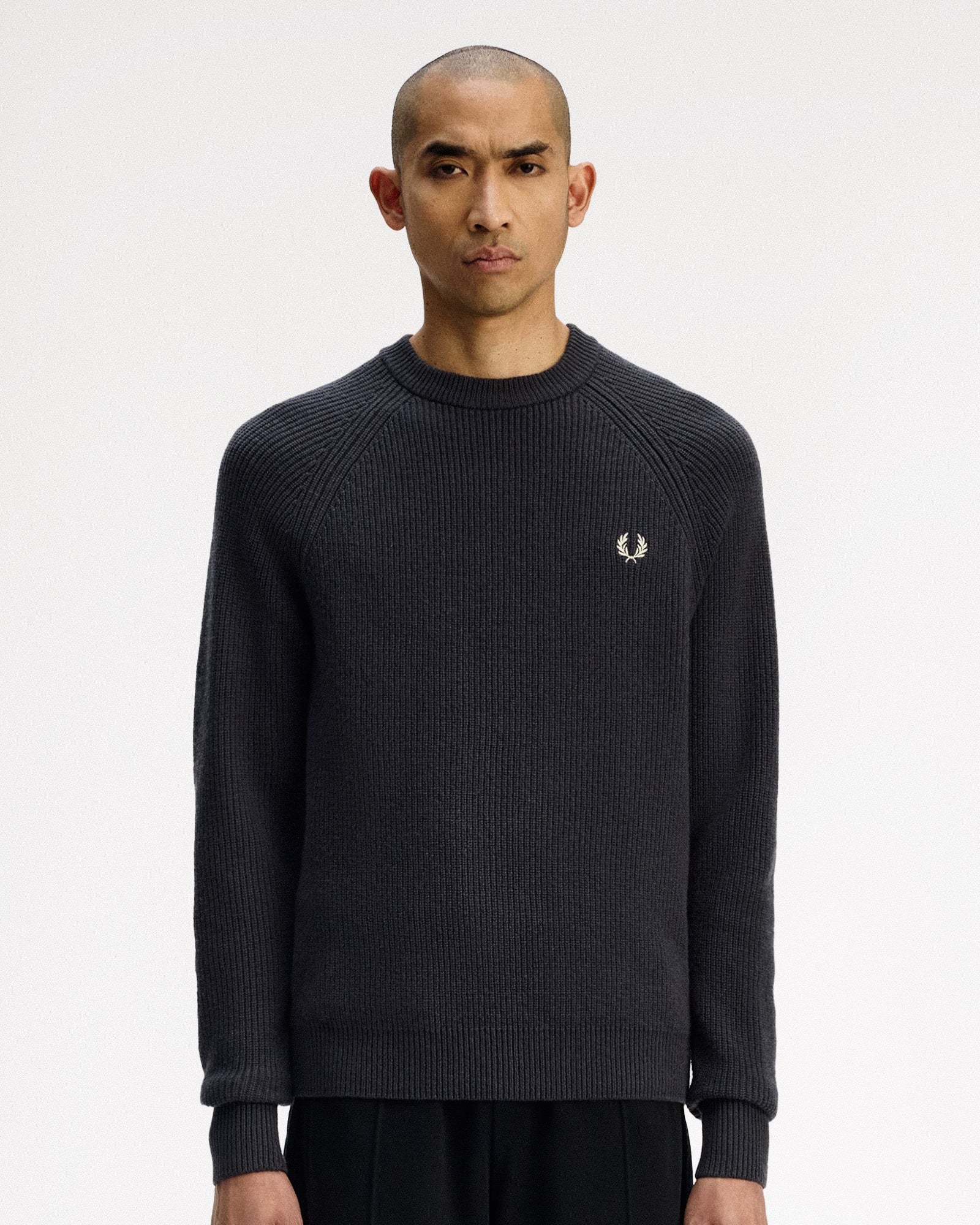 Fred Perry Lambswool Raglan Jumper Anchor Grey Sweatshirts K1548-297 On Model Front View | Overkill