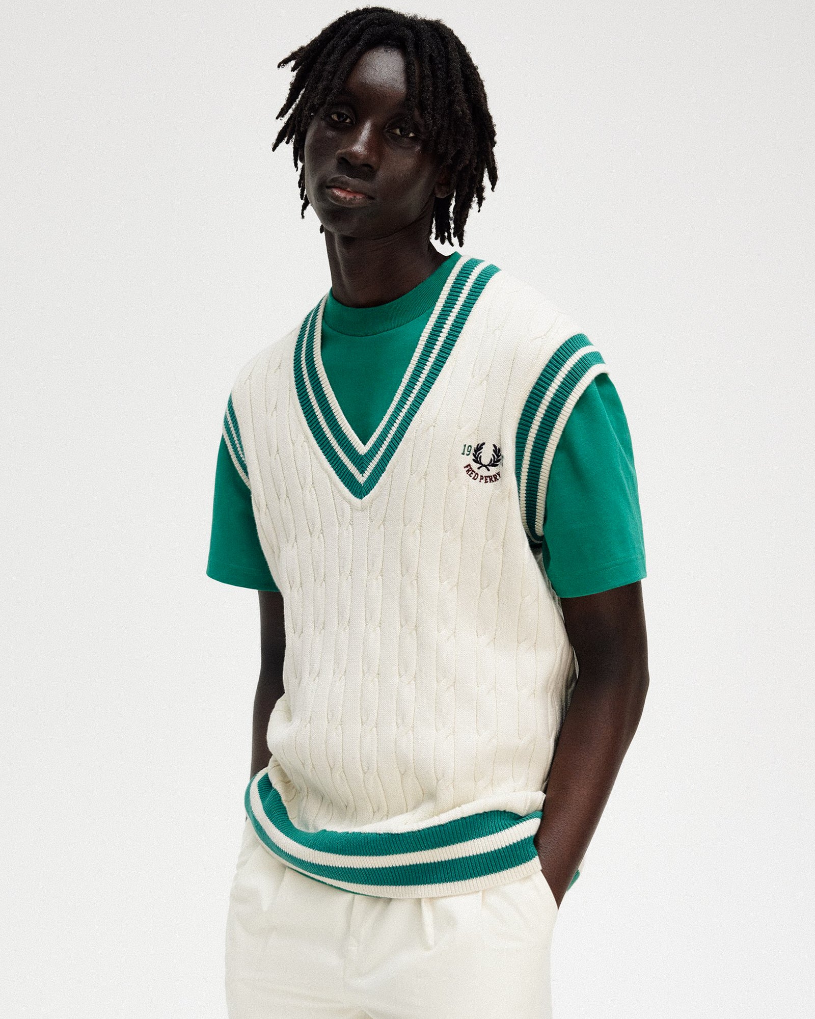 Fred Perry Cable Knit Tennis Tank Ecru Sweater Vests Close-up | Overkill
