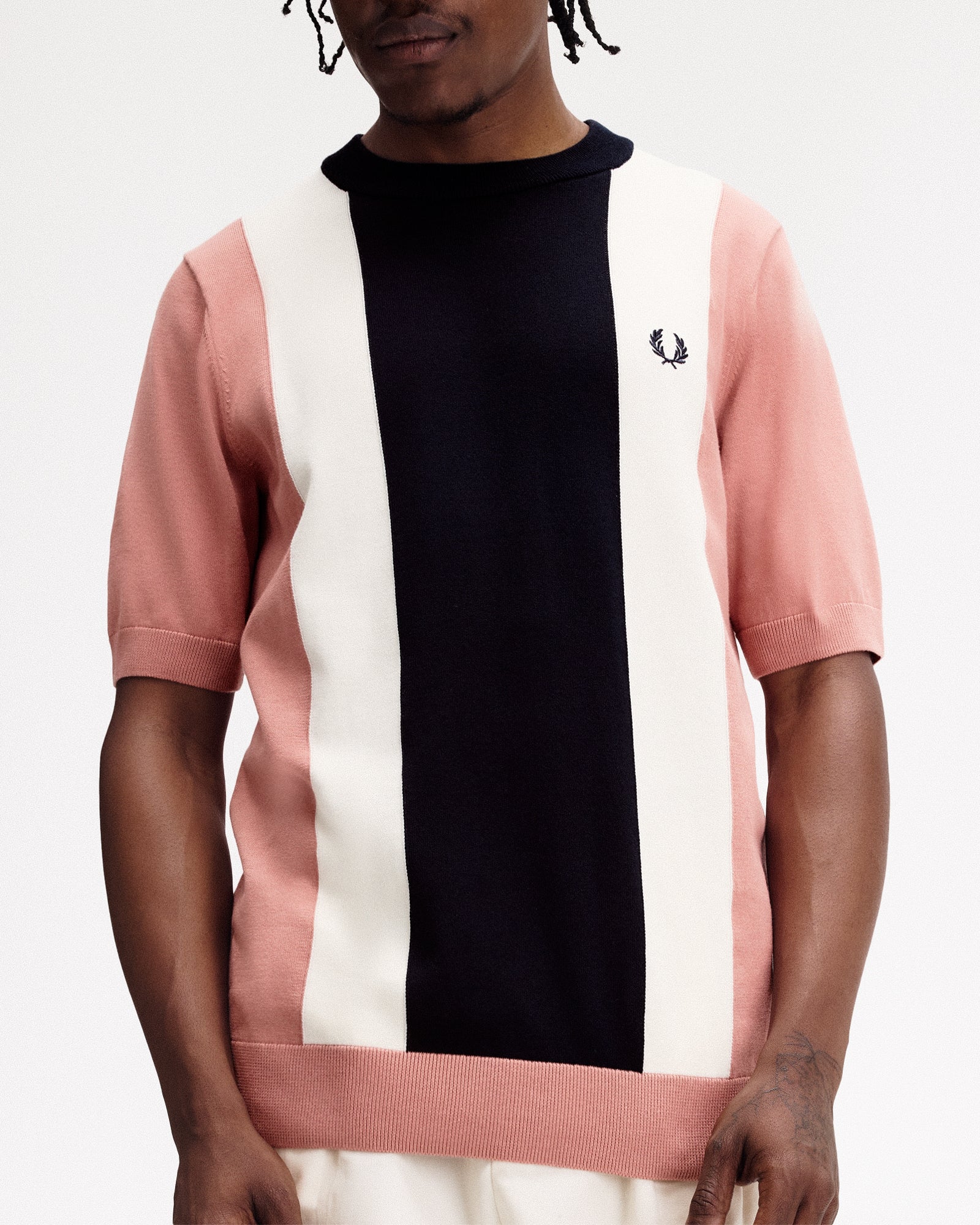 Fred Perry Vertical Stripe Knitted T-Shirt Putty Pink T-Shirts Close-up | Overkill