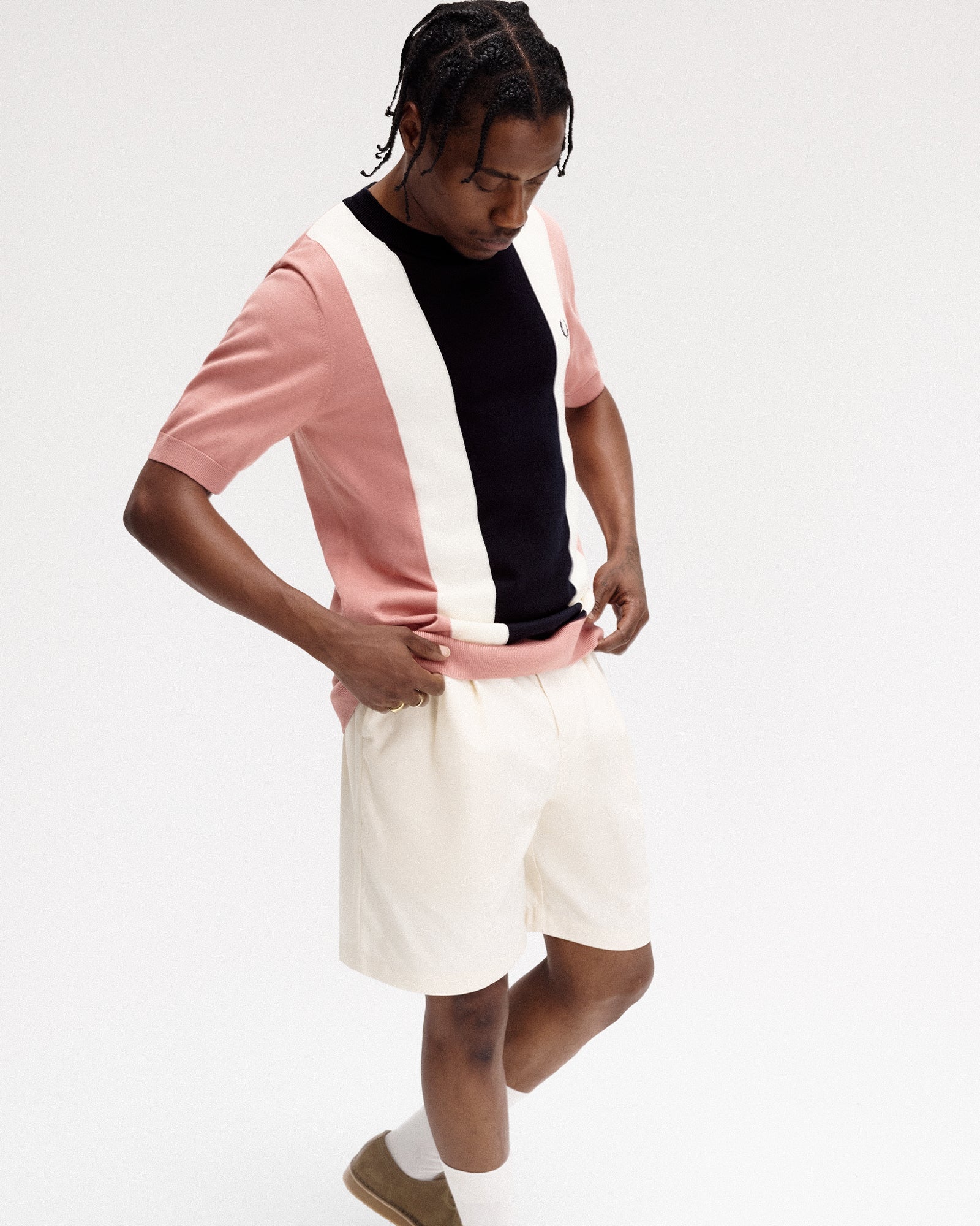 Fred Perry Vertical Stripe Knitted T-Shirt Putty Pink T-Shirts Detail view 1 | Overkill