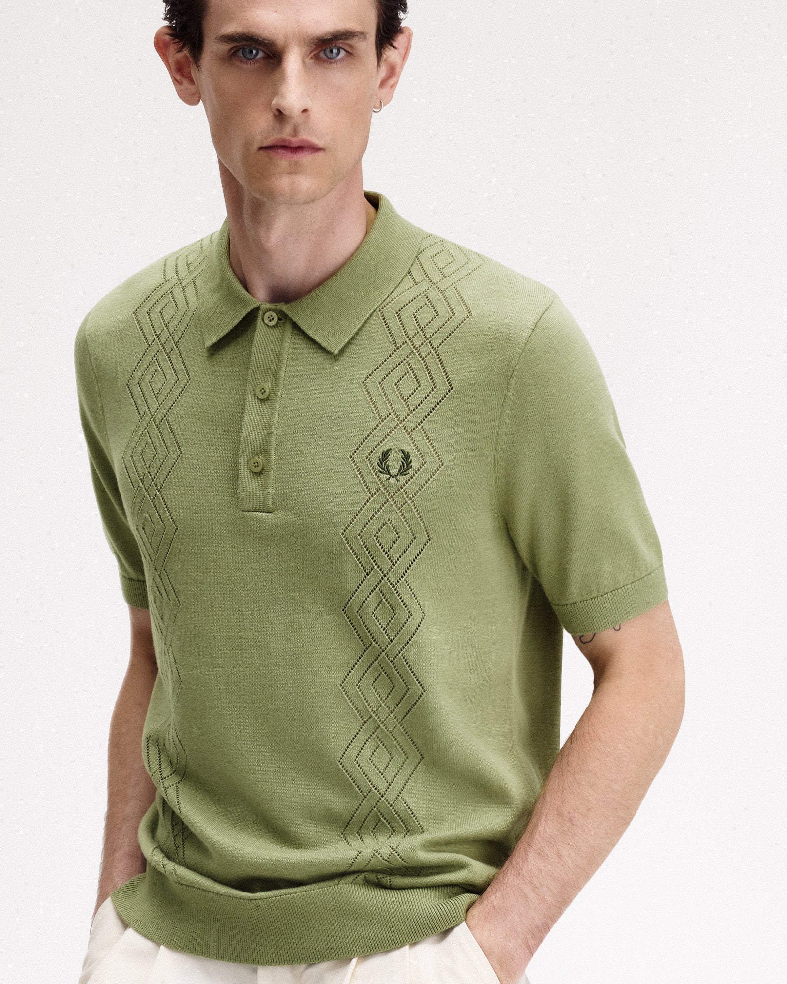 Fred Perry Pointelle Knitted Shirt Olive Mint Polo Shirts Close-up | Overkill