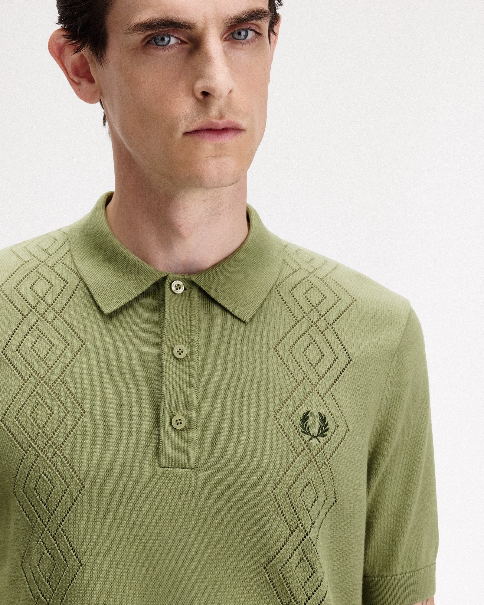 Fred Perry Pointelle Knitted Shirt Olive Mint Polo Shirts Detailfoto | Overkill