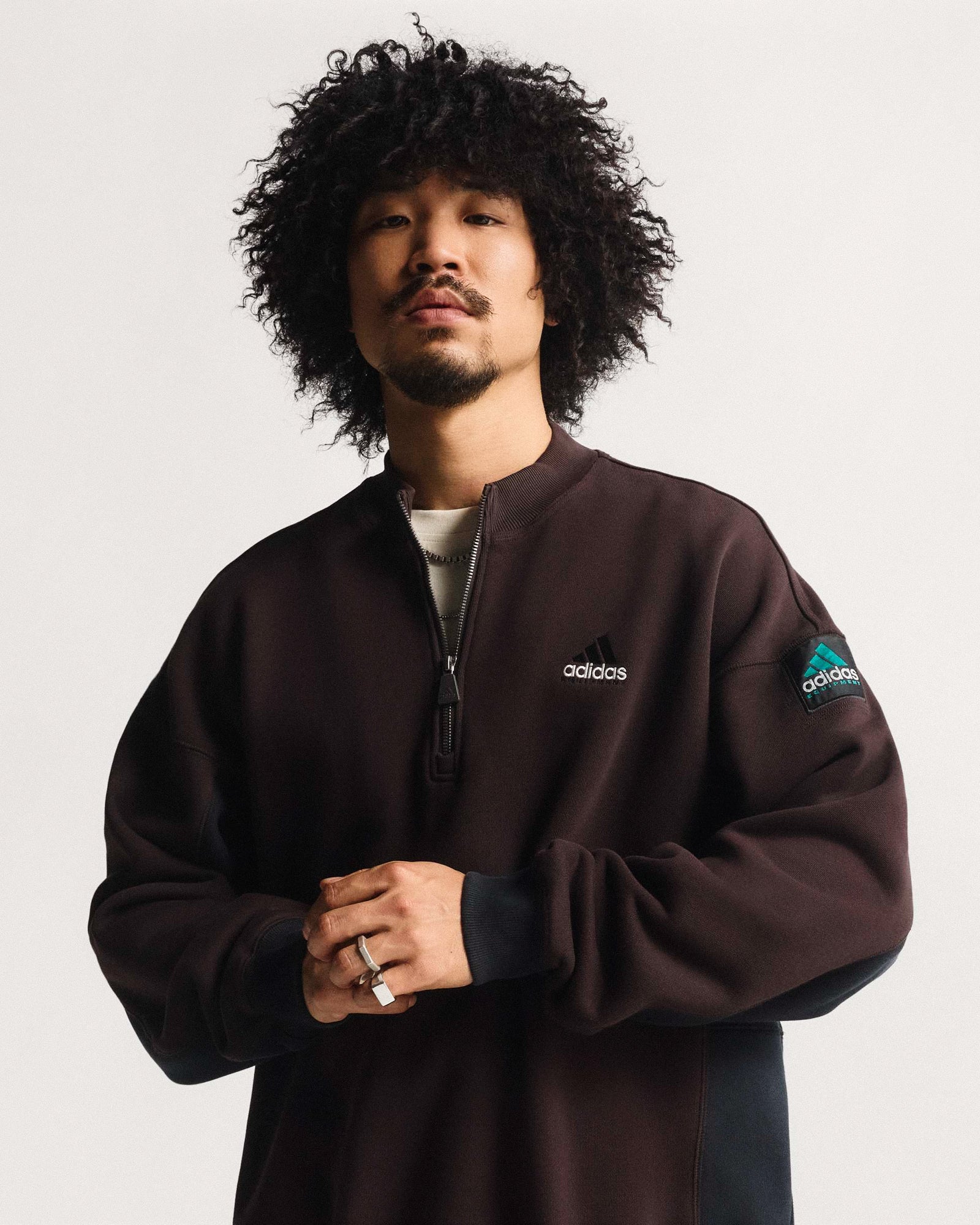 adidas Equipment Half-Zip Sweater Aurora Coffee Sweatshirts KE1352 On Model Front View | Overkill
