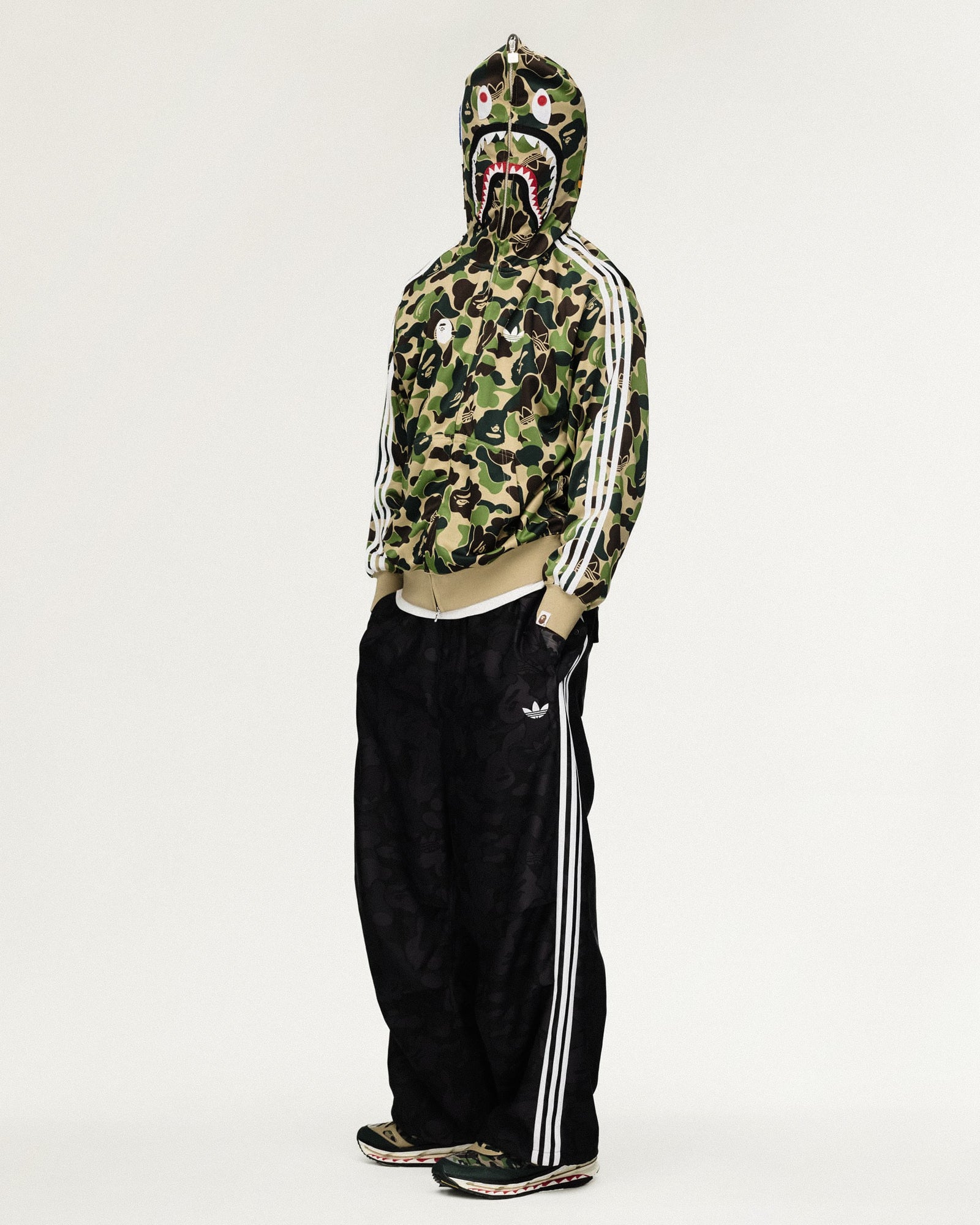 BAPE x adidas Shark Track Hoodie Crew Green Socks KF4916 On Model Front View | Overkill