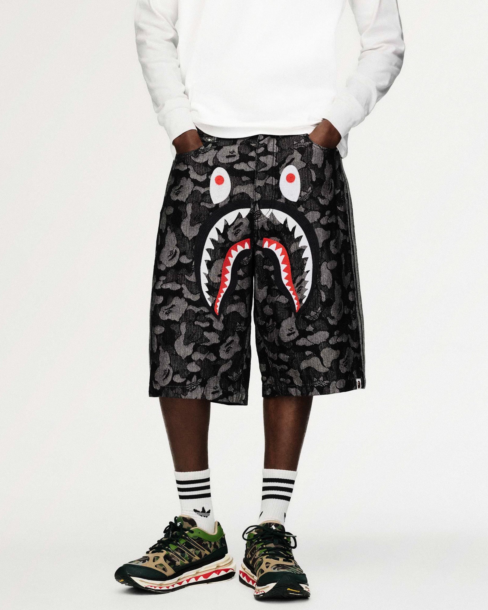 BAPE x adidas Shark Denim Jorts Black Shorts KF4917 On Model Front View | Overkill