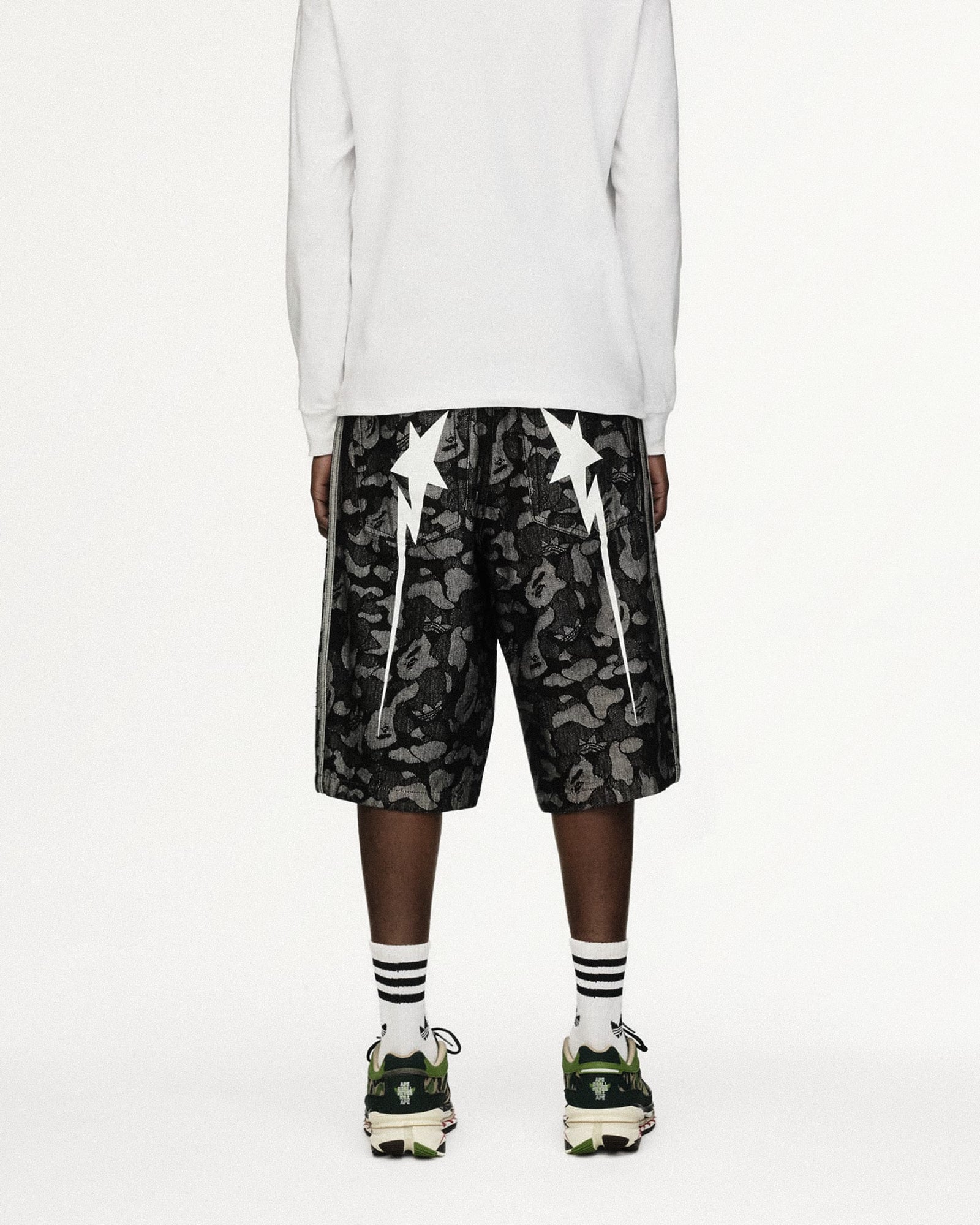 BAPE x adidas Shark Denim Jorts Black Shorts KF4917 On Model Back View | Overkill