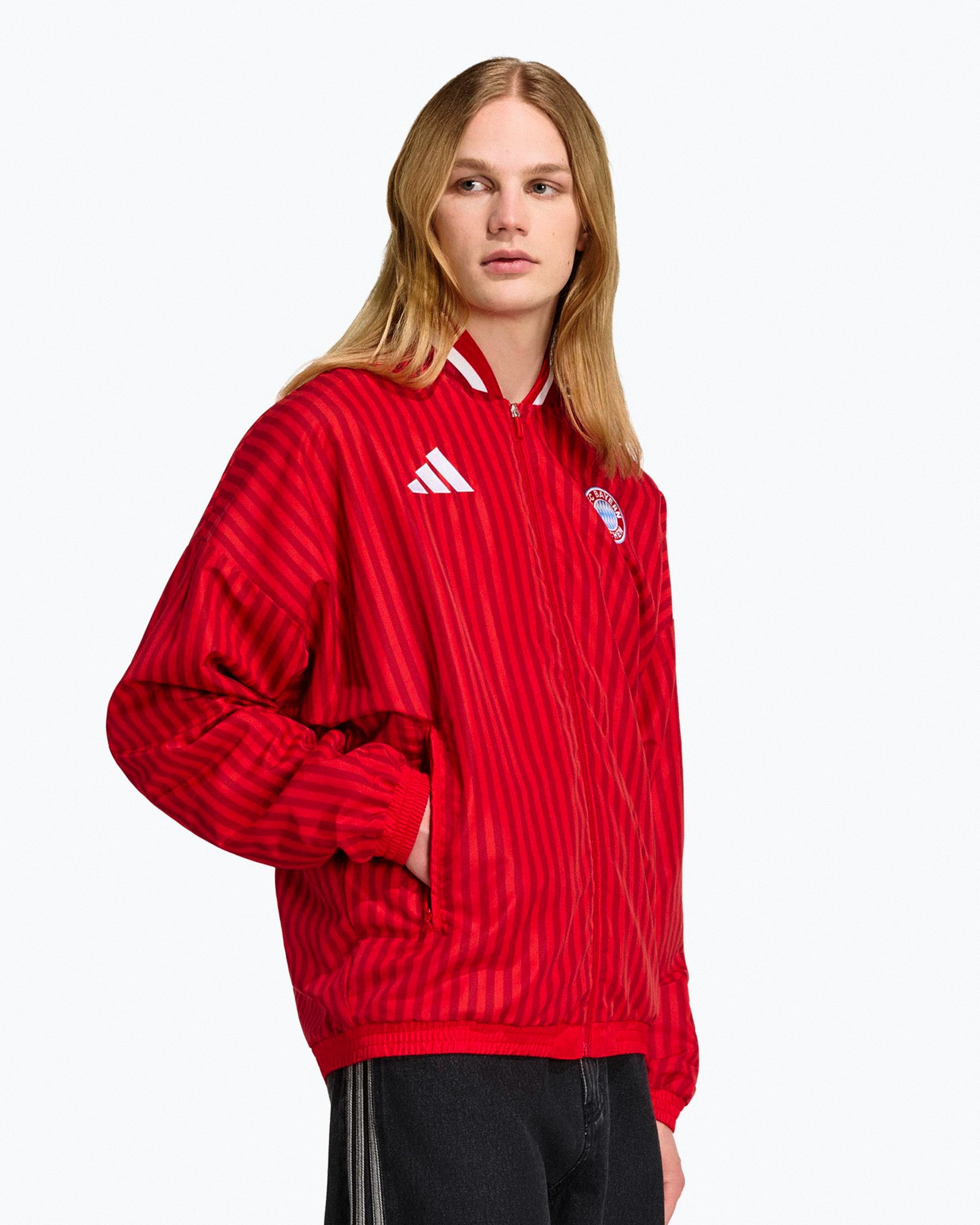 adidas FC Bayern München Stadium Track Top Better Scarlet / Team Victory Red Track Jackets KG2247 On Model Front View | Overkill