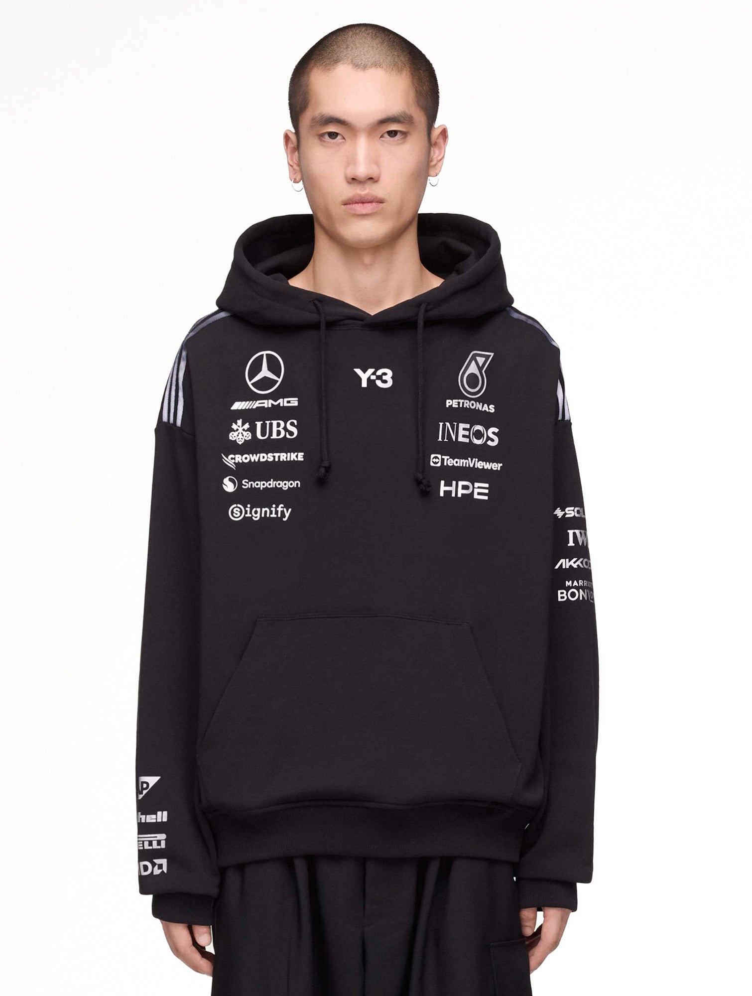Mercedes-AMG Petronas F1 x Y-3 F1 Team Hoodie Black Hoodies KR2392 On Model Front View | Overkill