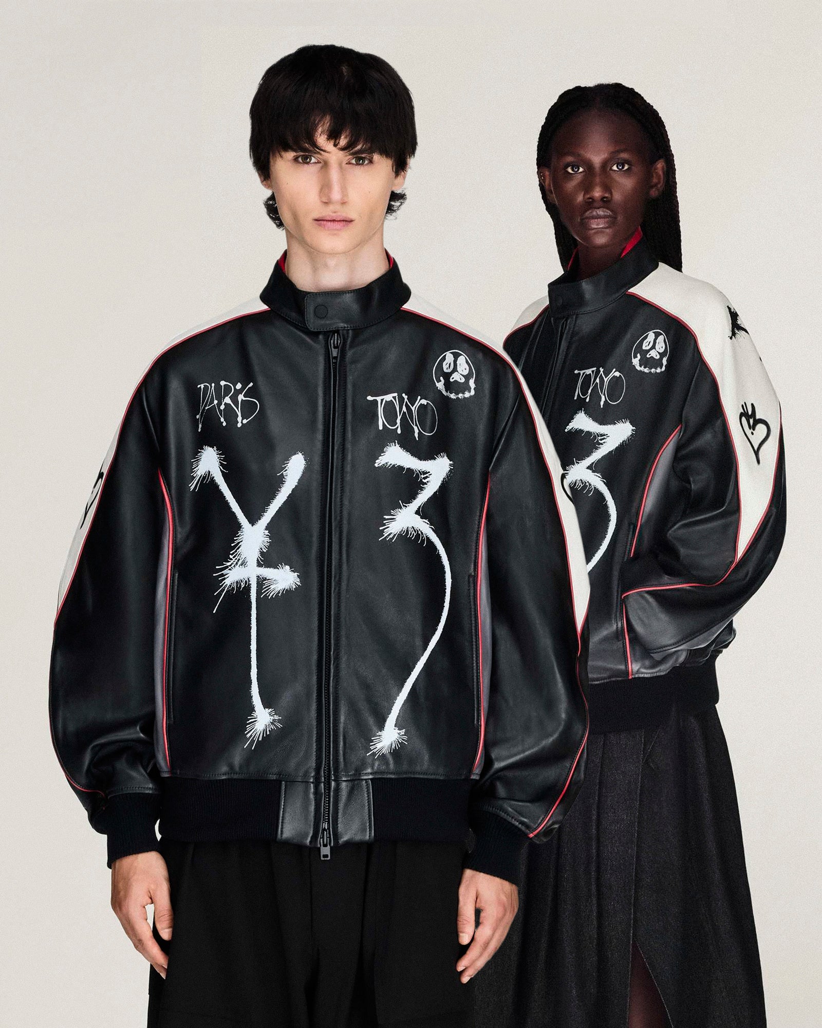 Y-3 Chito Graphic Leather Biker Jacket Black Jacket KR3573 On Model Front View | Overkill