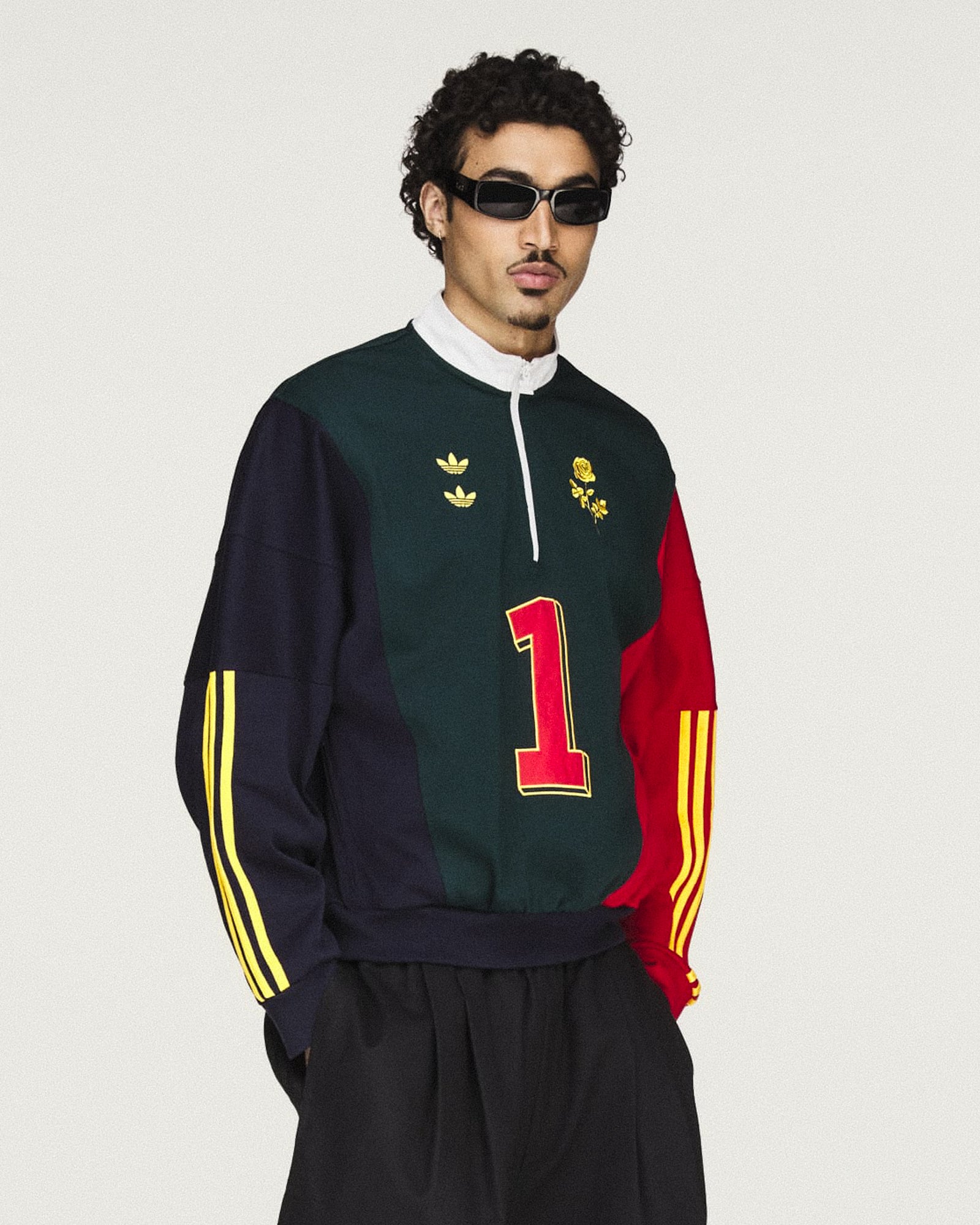 Willy Chavarria x adidas Watsonville Sweatshirt Aurora Ivy / Legend Ink / Better Scarlet Sweatshirts KV1996 On Model Front View | Overkill