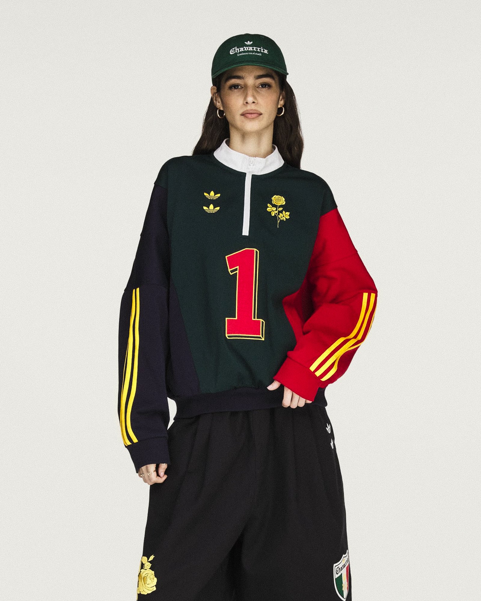 Willy Chavarria x adidas Watsonville Sweatshirt Aurora Ivy / Legend Ink / Better Scarlet Sweatshirts KV1996 Model Detail 1 | Overkill