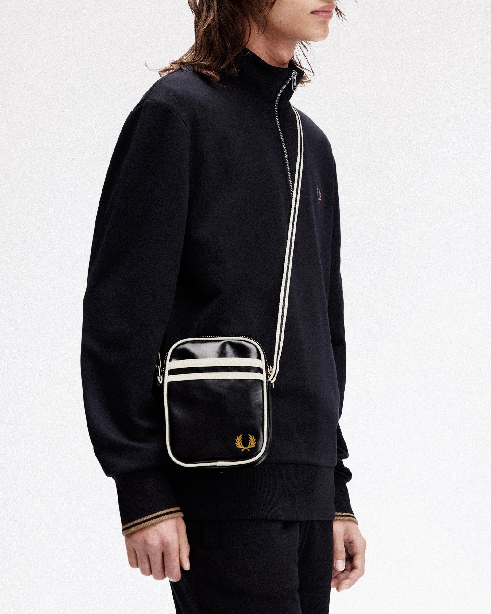 Fred Perry Classic Small Side Bag Black / Ecru Shoulder & Cross Body Bags L1179-D57 On Model View 1 | Overkill