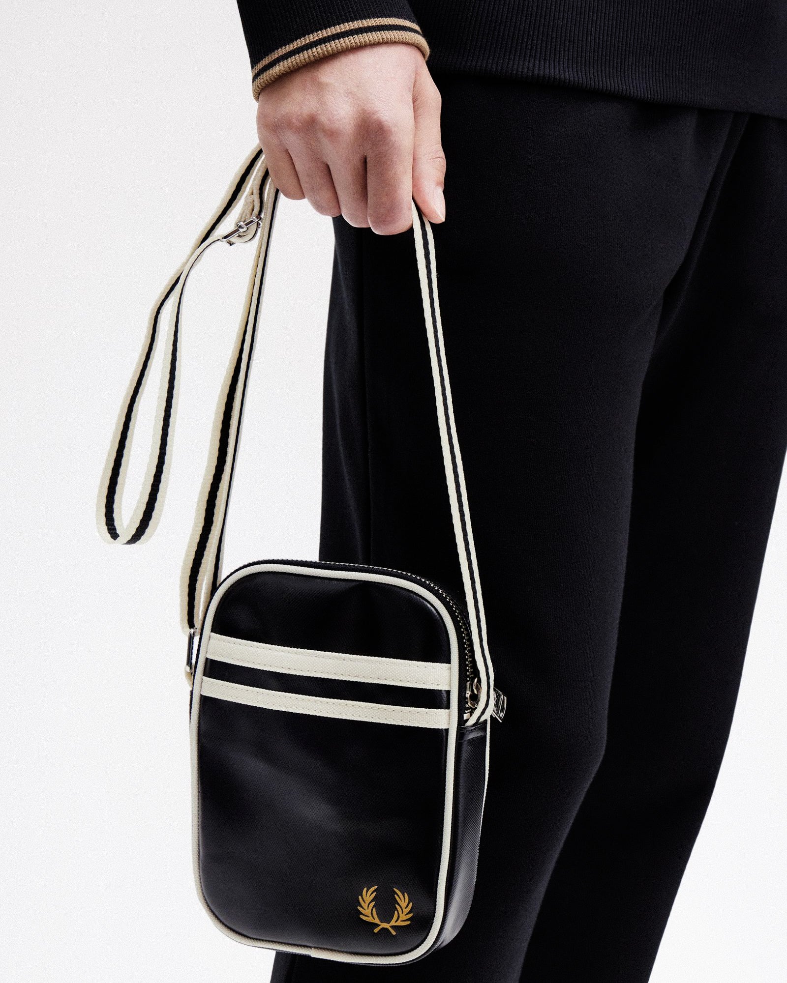 Fred Perry Classic Small Side Bag Black / Ecru Shoulder & Cross Body Bags L1179-D57 On Model View 2 | Overkill