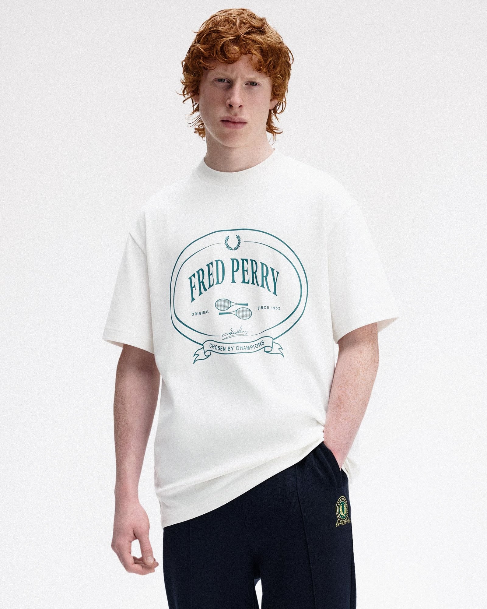 Fred Perry Chosen By Champions T-Shirt Snow White T-Shirts M1316-129 On Model Front View | Overkill