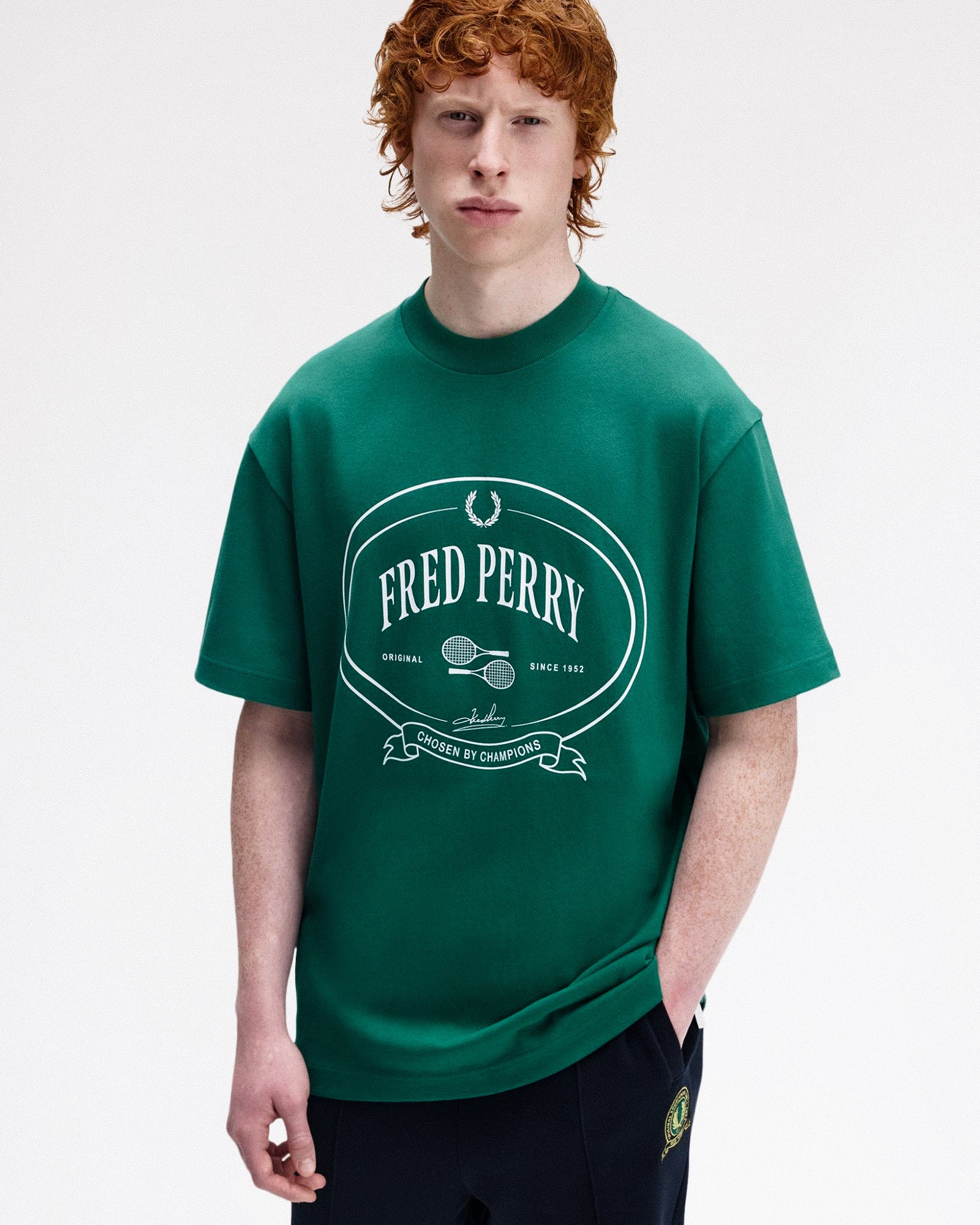 Fred Perry Chosen By Champions T-Shirt Sport Green T-Shirts M1316-Z18 On Model Front View | Overkill