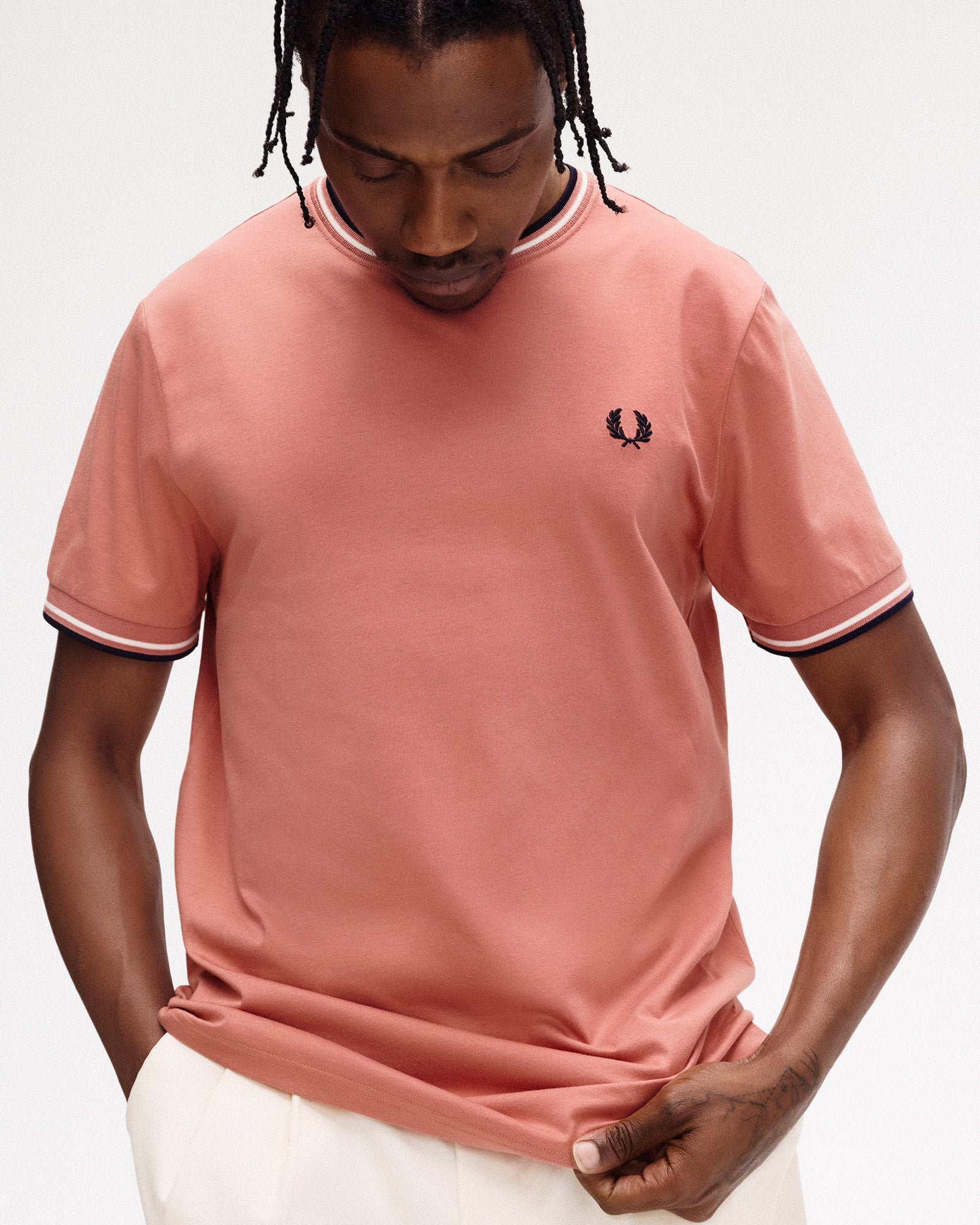 Fred Perry Twin Tipped T-Shirt Putty Pink / Ecru / Navy T-Shirts Detail view 1 | Overkill