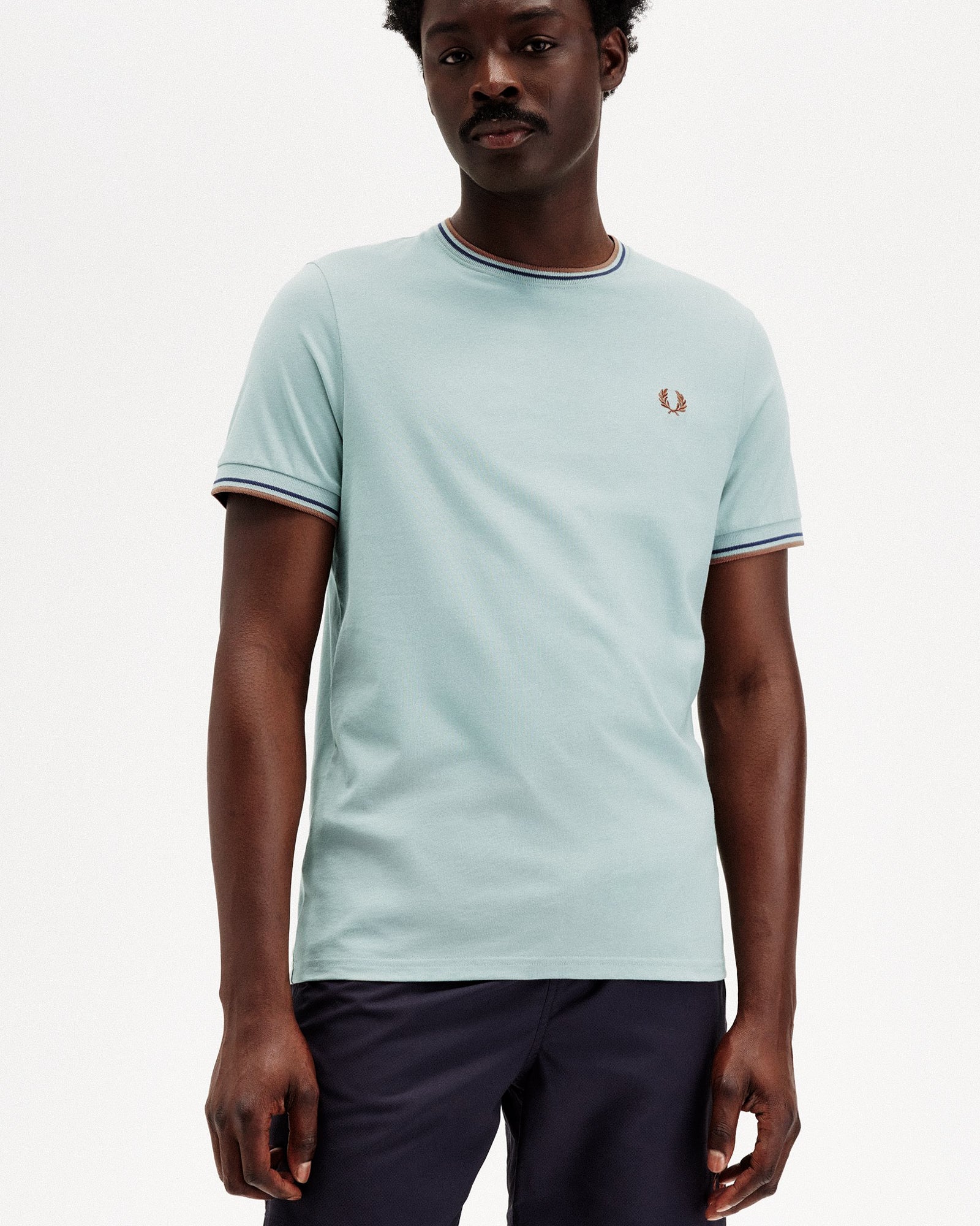 Fred Perry Twin Tipped T-Shirt Silver Blue Tennis Blue CNM T-Shirts Close-up | Overkill