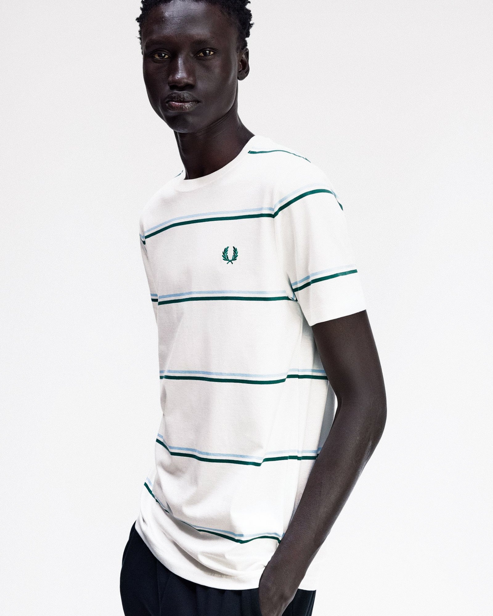 Fred Perry Fine Tripe T-Shirt Snow White T-Shirts M1734-129 On Model Front View | Overkill