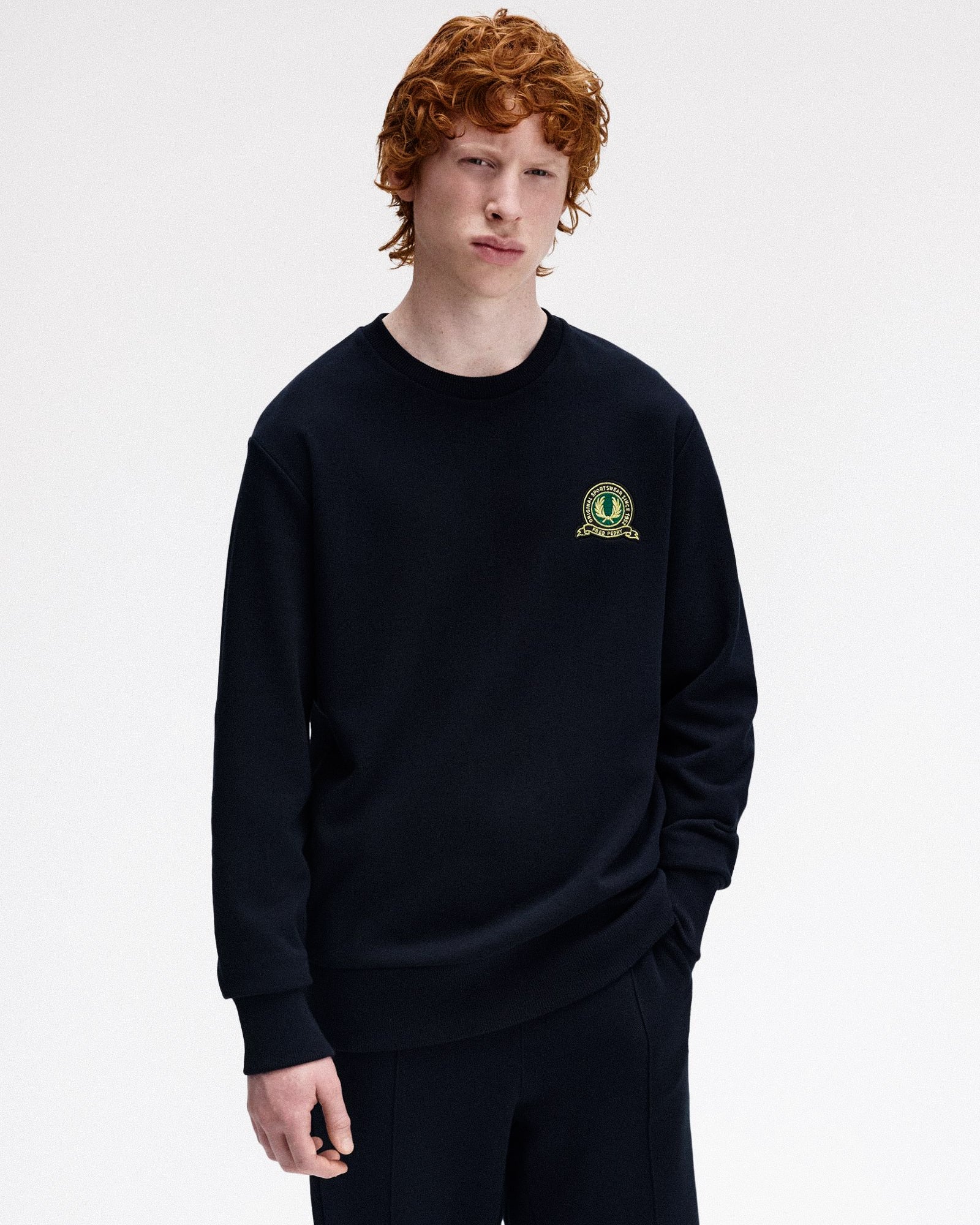 Fred Perry Tennis Badge Sweatshirt Navy Sweatshirts M1751-608 On Model Front View | Overkill