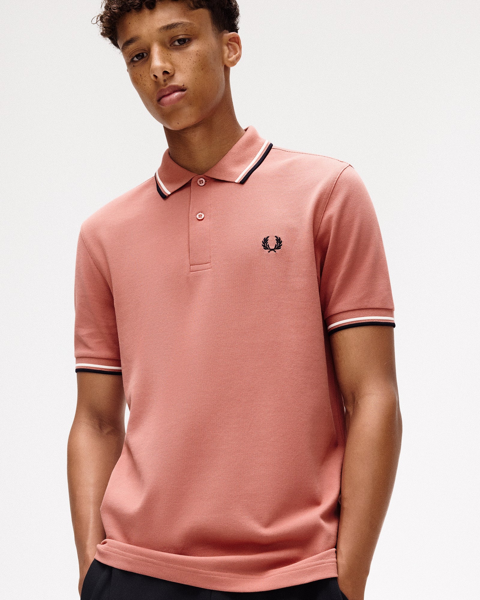 Fred Perry Twin Tipped Fred Perry Shirt Putty Pink / Ecru / Navy Polo Shirts Close-up | Overkill