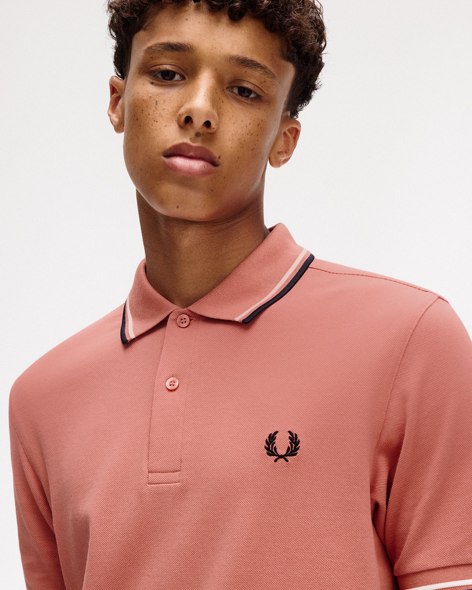 Fred Perry Twin Tipped Fred Perry Shirt Putty Pink / Ecru / Navy Polo Shirts Detail view 1 | Overkill