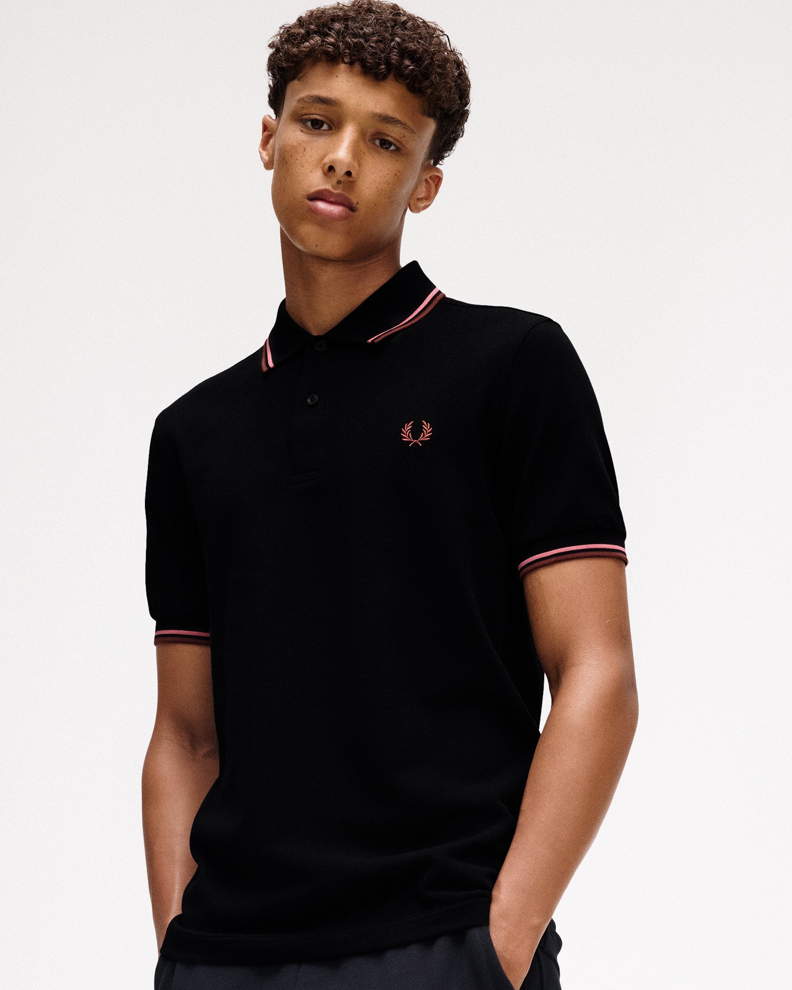 Fred Perry Twin Tipped Fred Perry Shirt Black / Putty Pink / Whisky Brown Polo Shirts Close-up | Overkill