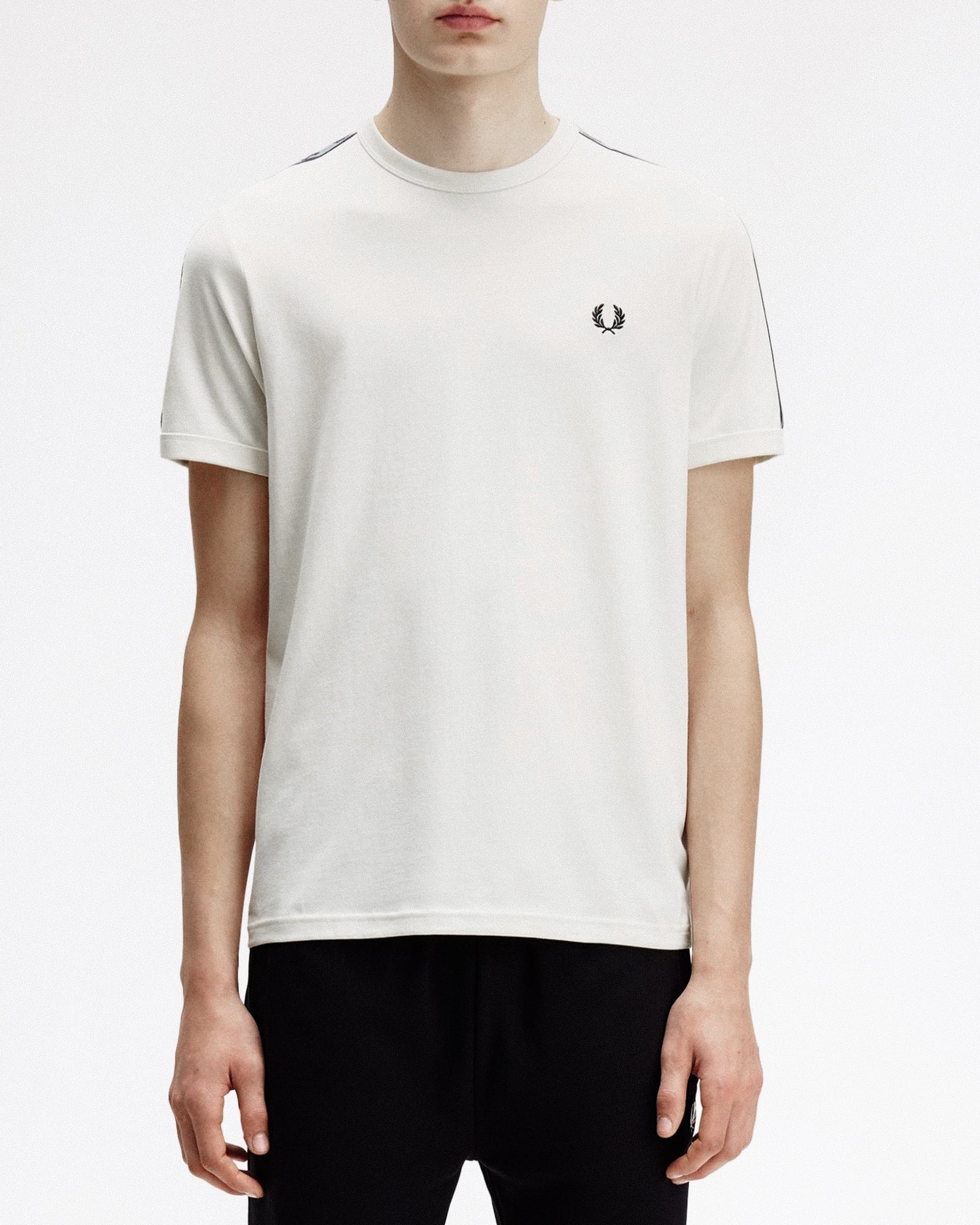 Fred Perry Contrast Tape Ringer T-Shirt Ecru / Navy T-Shirts M4613-729 On Model Front View | Overkill