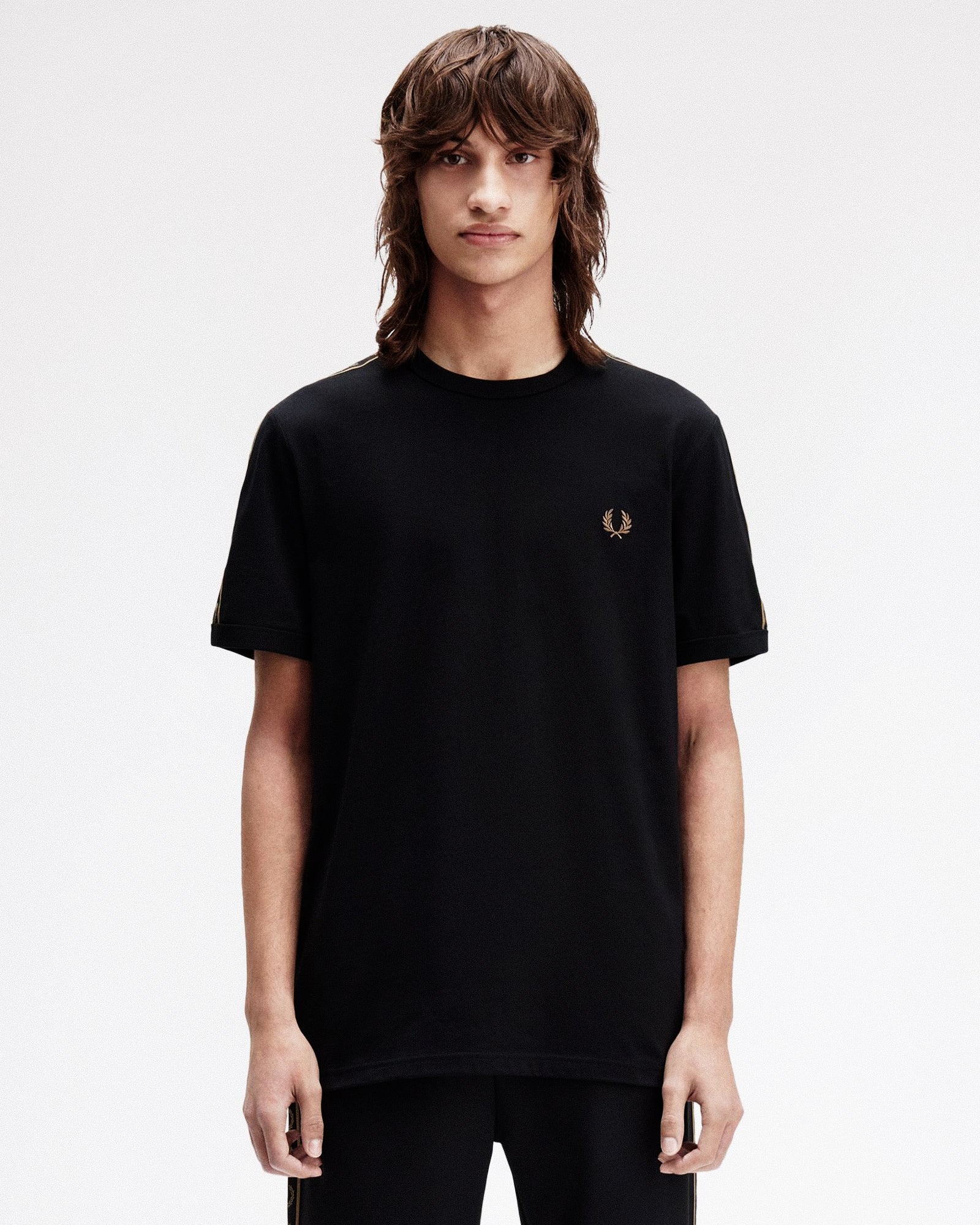 Fred Perry Contrast Tape Ringer T-Shirt Black T-Shirts M4613-S77 On Model Front View | Overkill