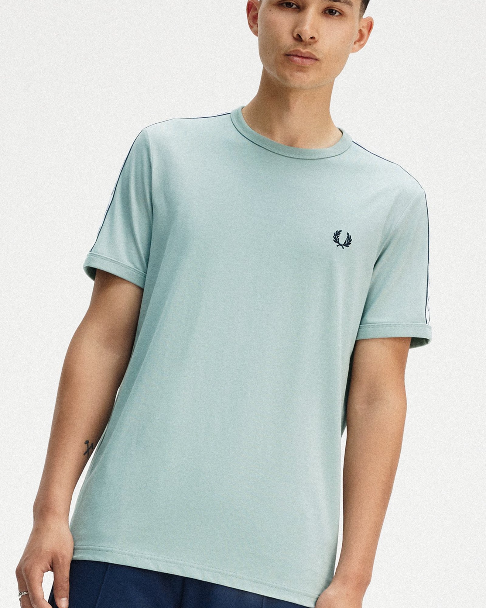 Fred Perry Taped Ringer T-Shirt Silver Blue T-Shirts Close-up | Overkill