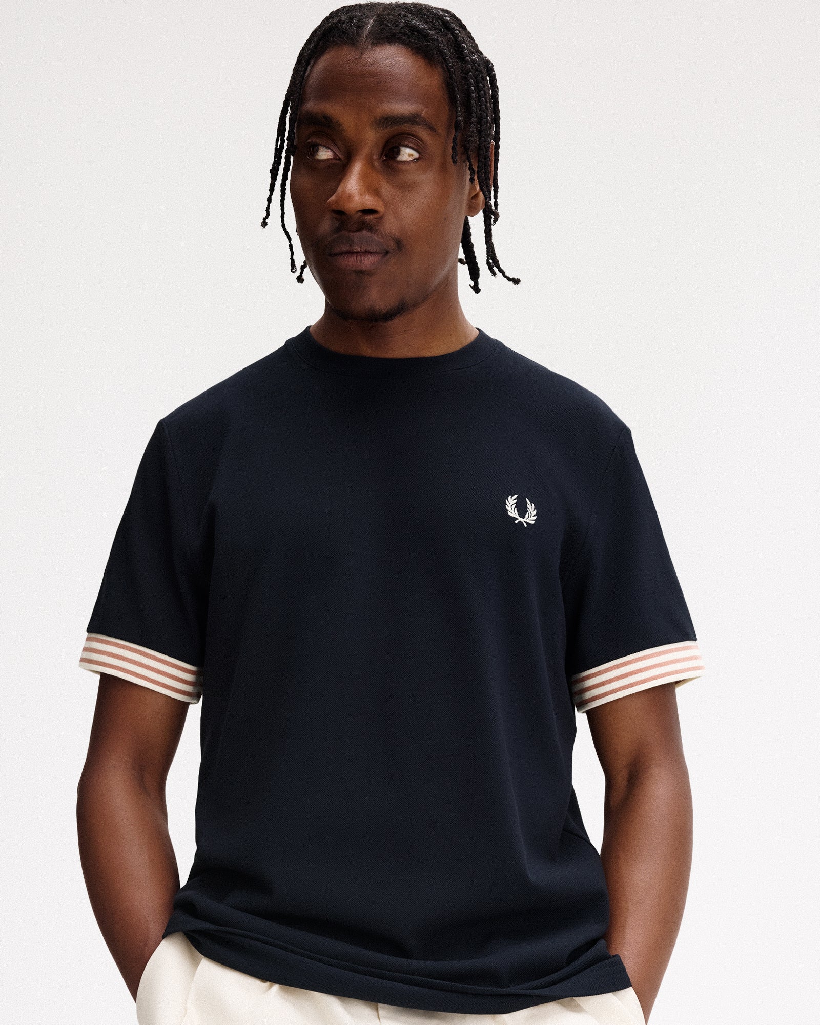 Fred Perry Striped Cuff T-Shirt Navy T-Shirts Close-up | Overkill
