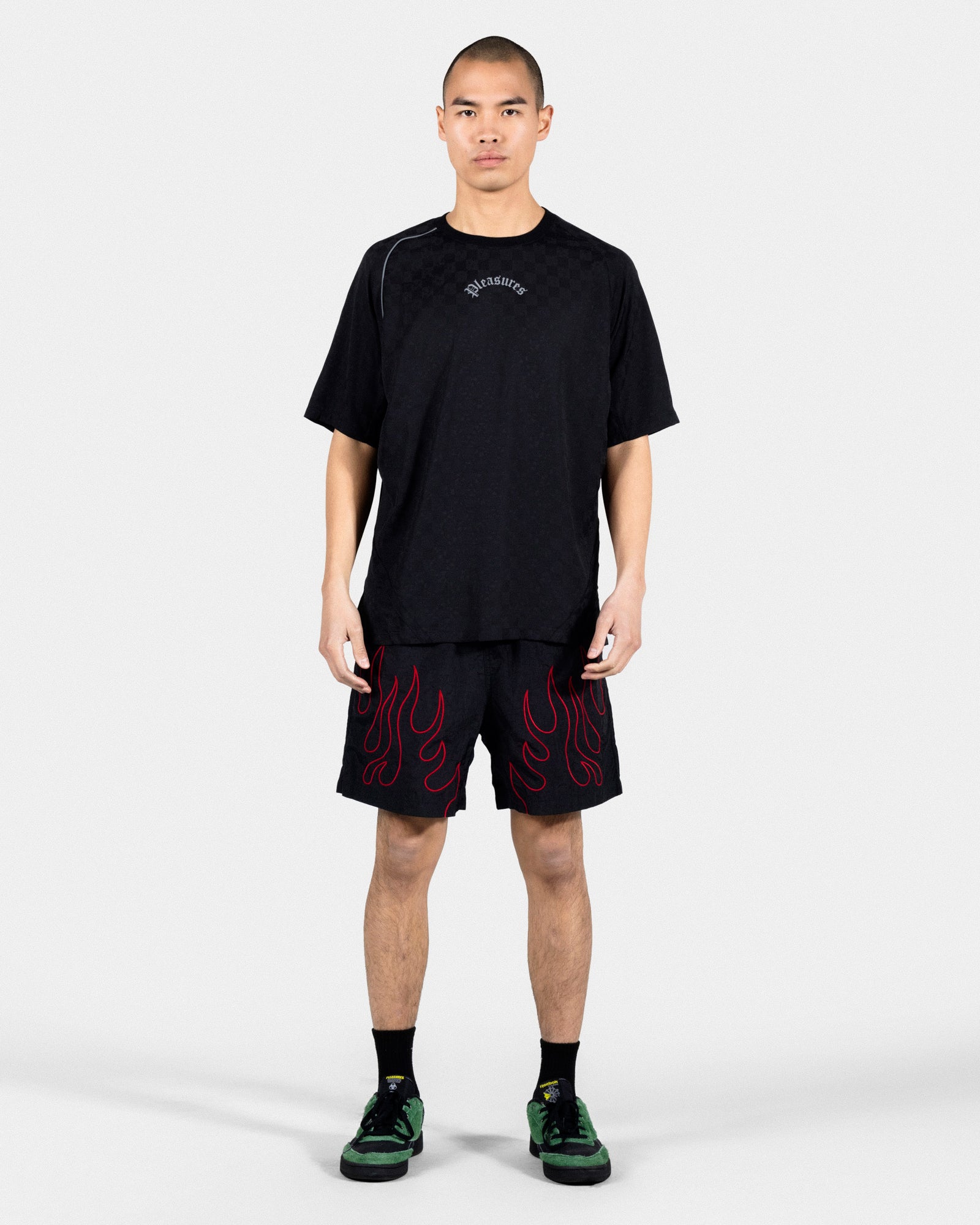 Pleasures Fiery Running Shorts Black Shorts Close-up | Overkill