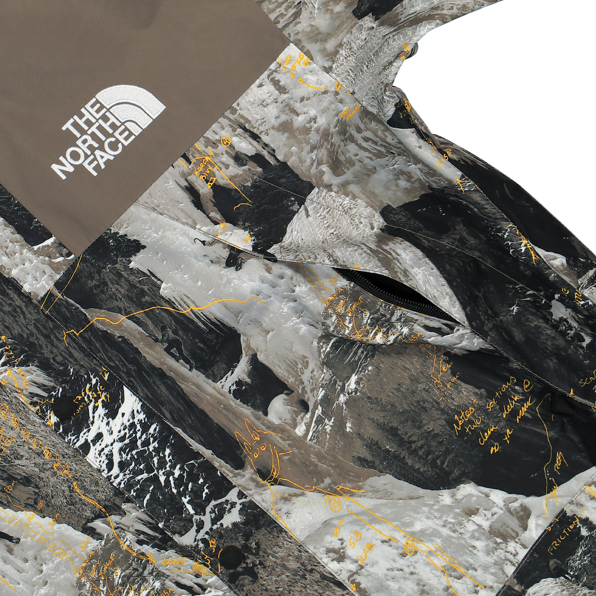 The North Face GTX Mountain Jacket Falcon Brown Conrads Notes Print Jackets Detailfoto | Overkill