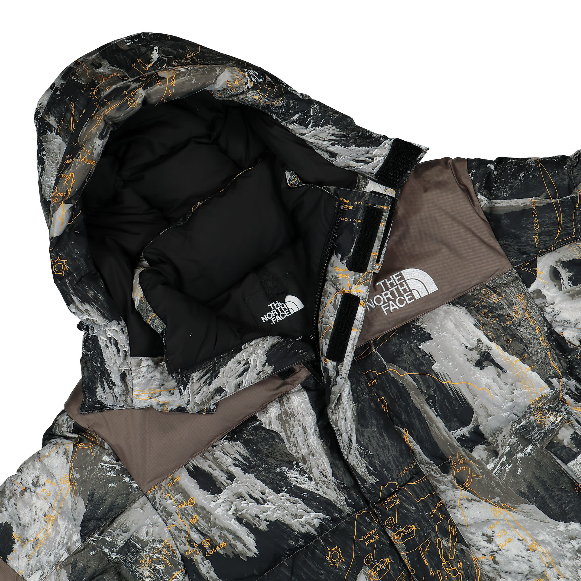 The North Face Himalayan Baltoro Jacket Falcon Brown Conrads Notes Print Puffer Jackets Close-up | Overkill