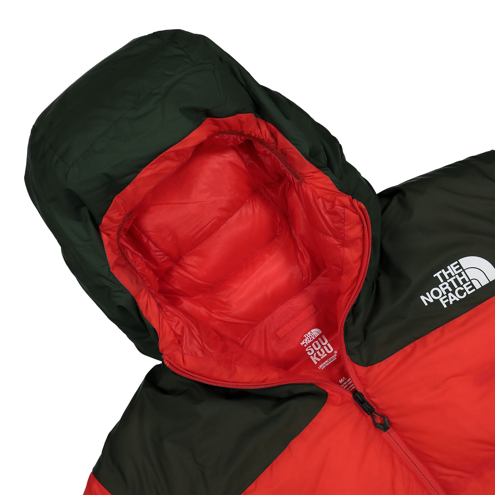 The North Face Cloud Down Nuptse Jacket Dark Cedar Green / High Risk Red Puffer Jackets Close-up | Overkill