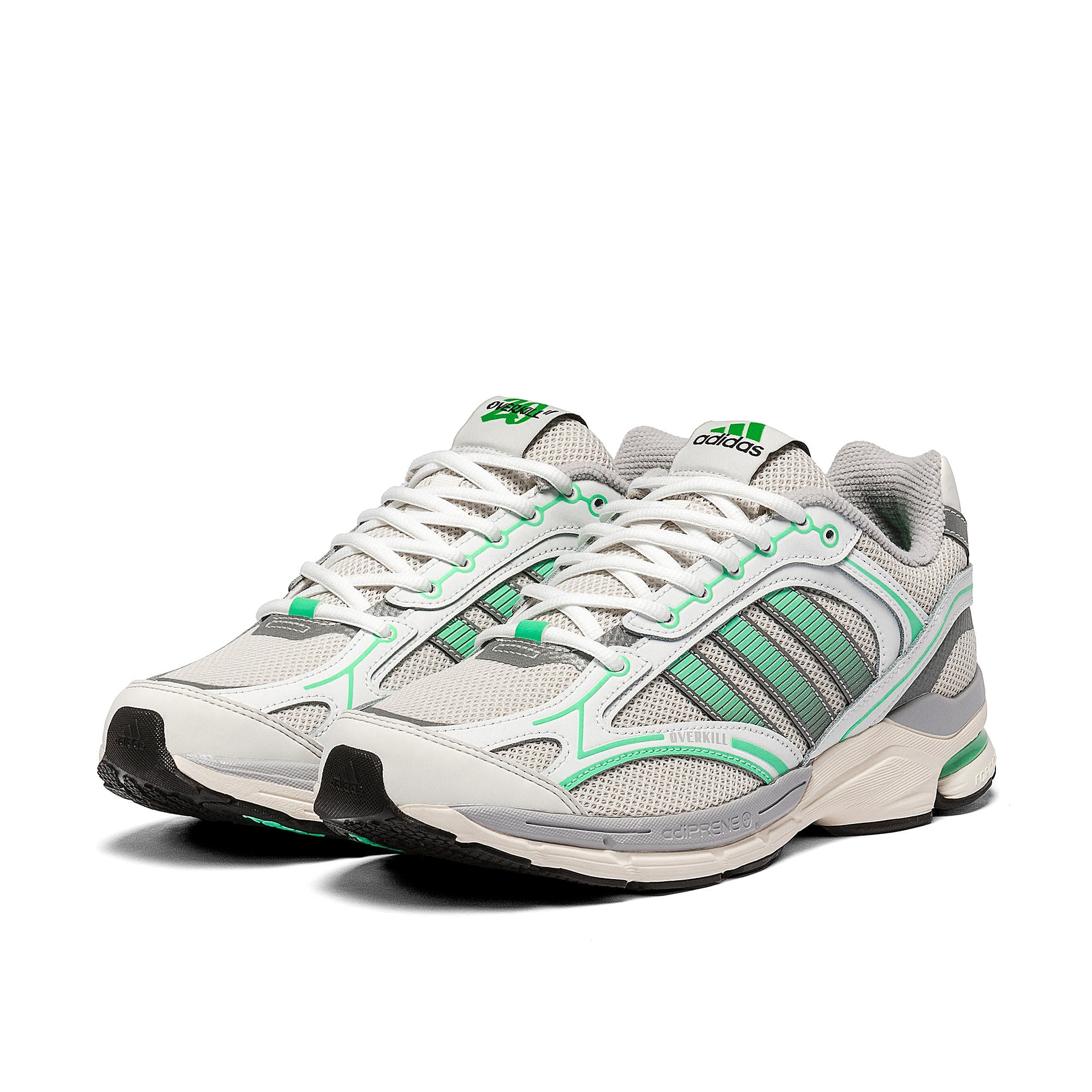 adidas Overkill x adidas Spiritain 2000 Crystal White / Footwear White / Core White Low Top Sneakers Close Up | Overkill