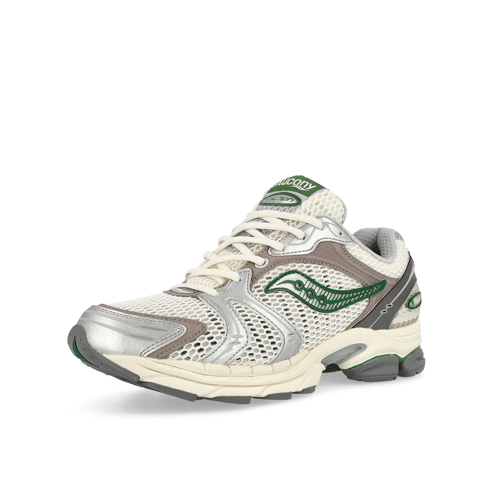 Saucony Minted NY x Saucony Progrid Triumph 4 Metallic Silver / White / Green Low Top Sneakers Close Up | Overkill