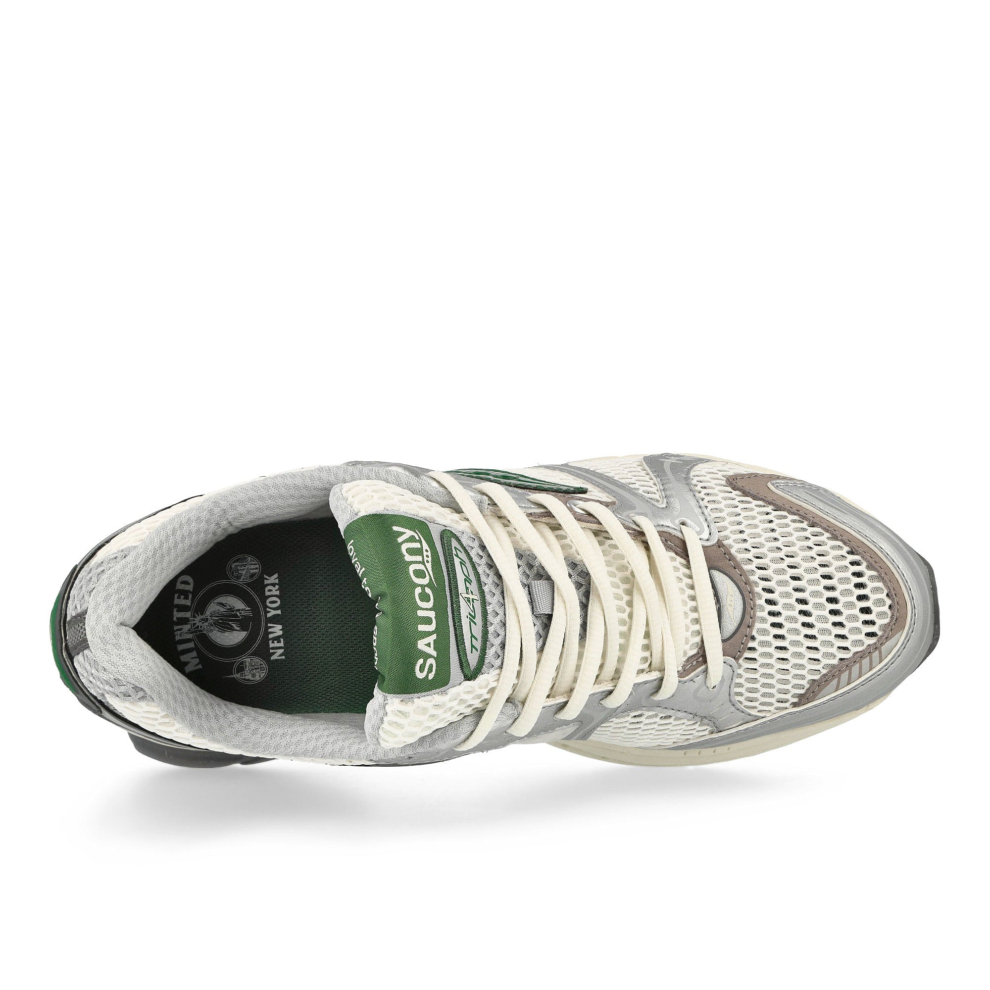 Saucony Minted NY x Saucony Progrid Triumph 4 Metallic Silver / White / Green Low Top Sneakers Detailfoto | Overkill