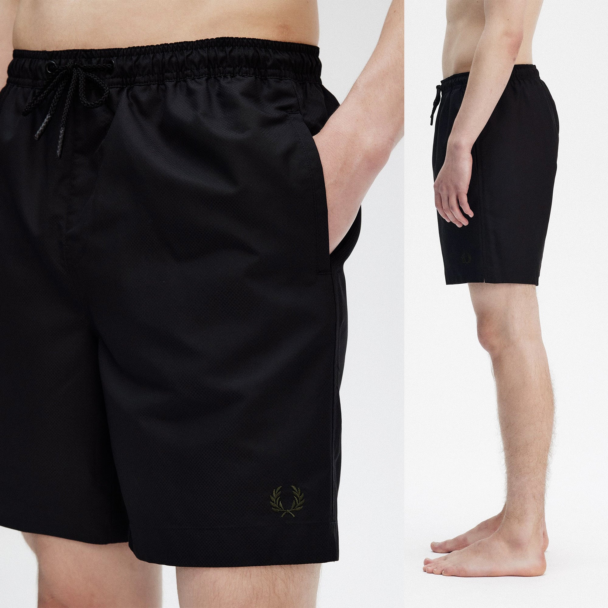 Fred Perry Classic Swimshort Black / Court Green Swimwear Close-up | Overkill