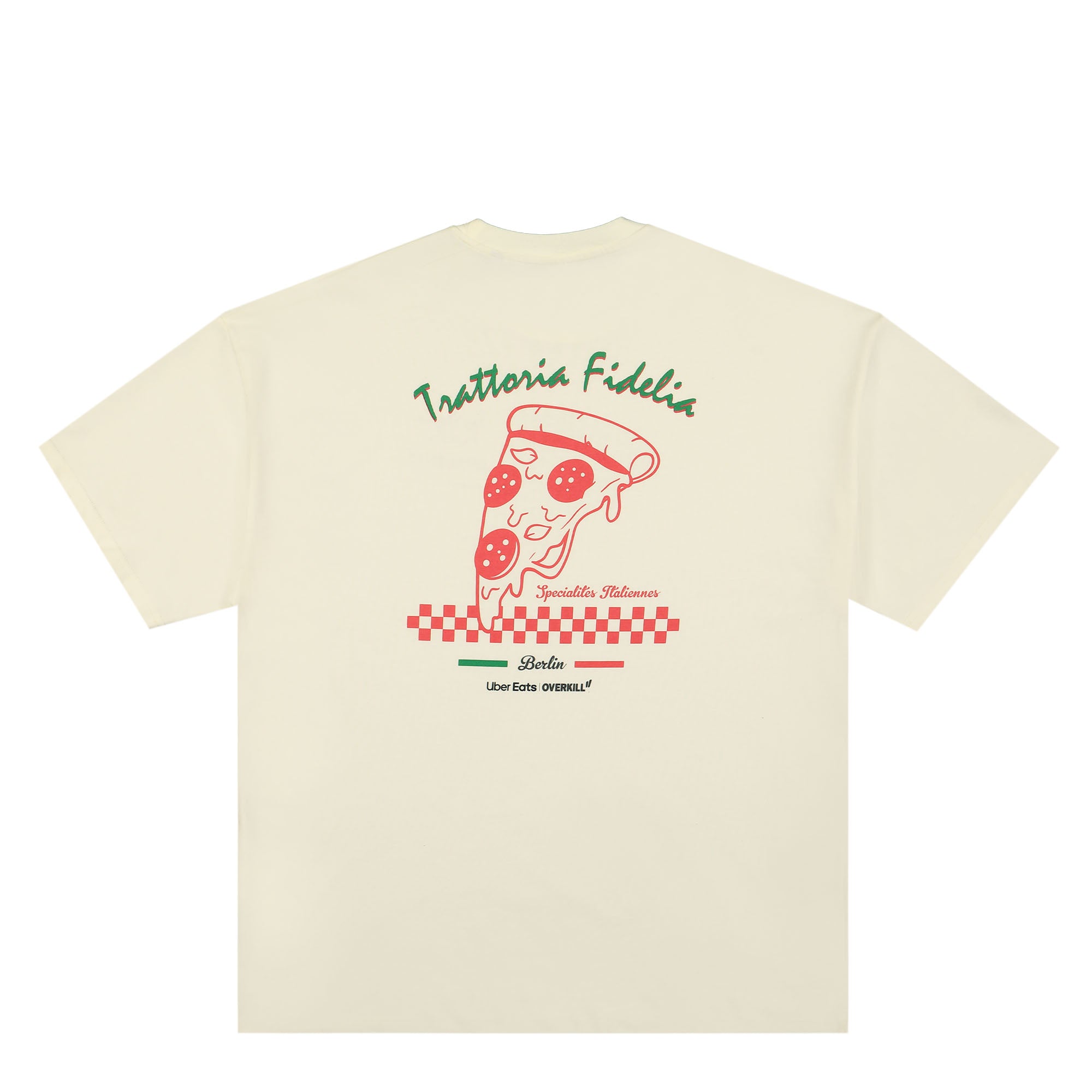 Overkill Uber Eats Trattoria Fidelia Tee Sand T-Shirts Close-up | Overkill