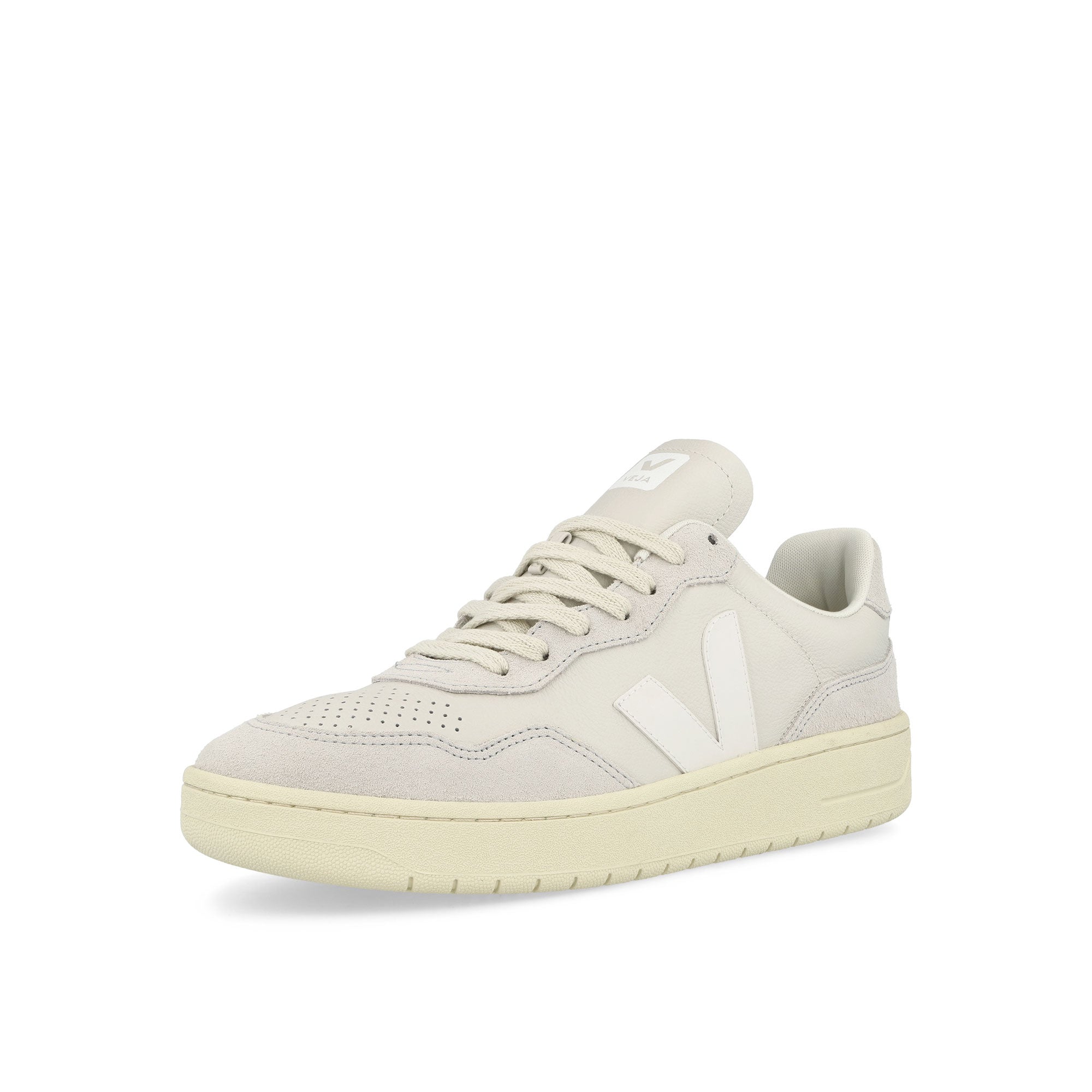 Veja V-90 O.T. Leather Gravel / White Low Top Sneakers Close Up | Overkill