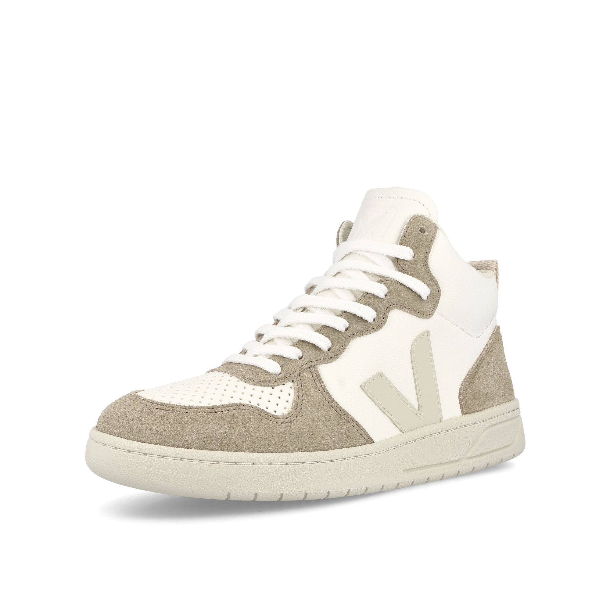 Veja V-15 Chromefree Leather Extra White-Pierre Sahara High Top Sneakers Close Up | Overkill