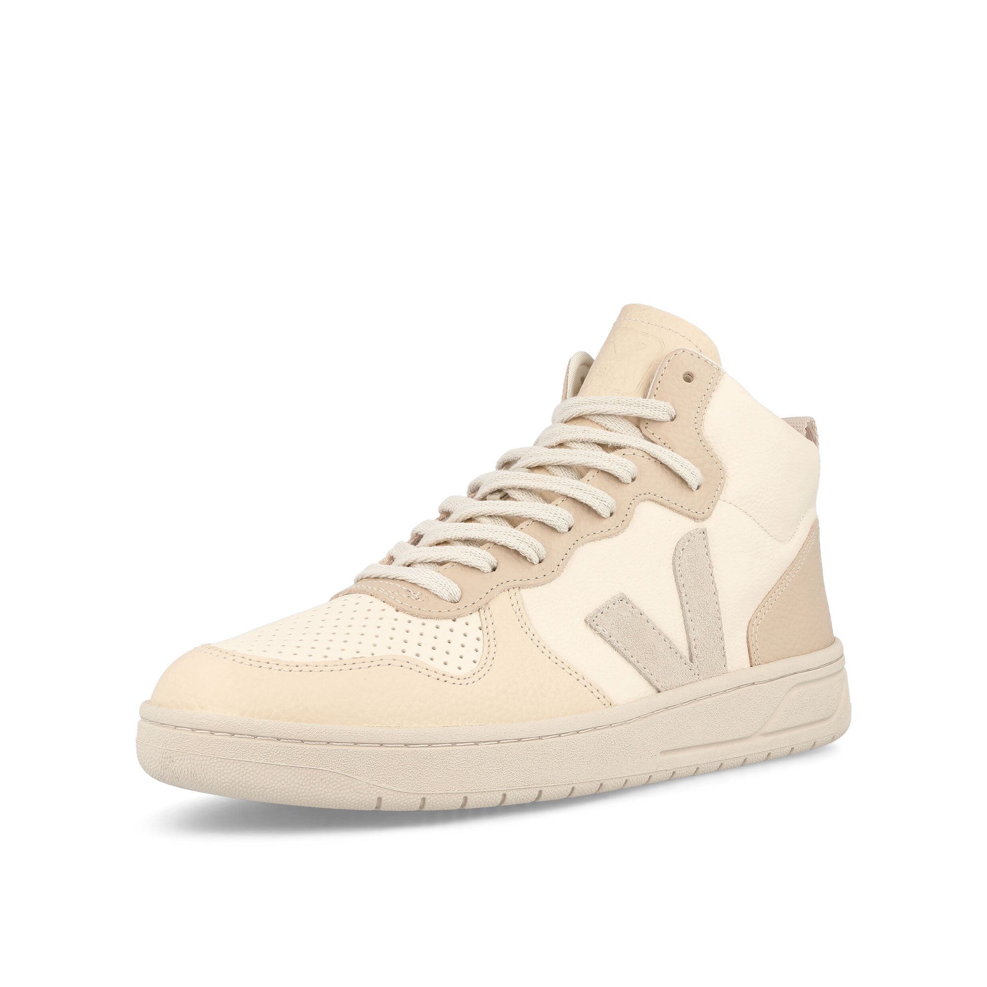 Veja V-15 Chromefree Leather Cashew-Pierre-Multicolor High Top Sneakers Close Up | Overkill