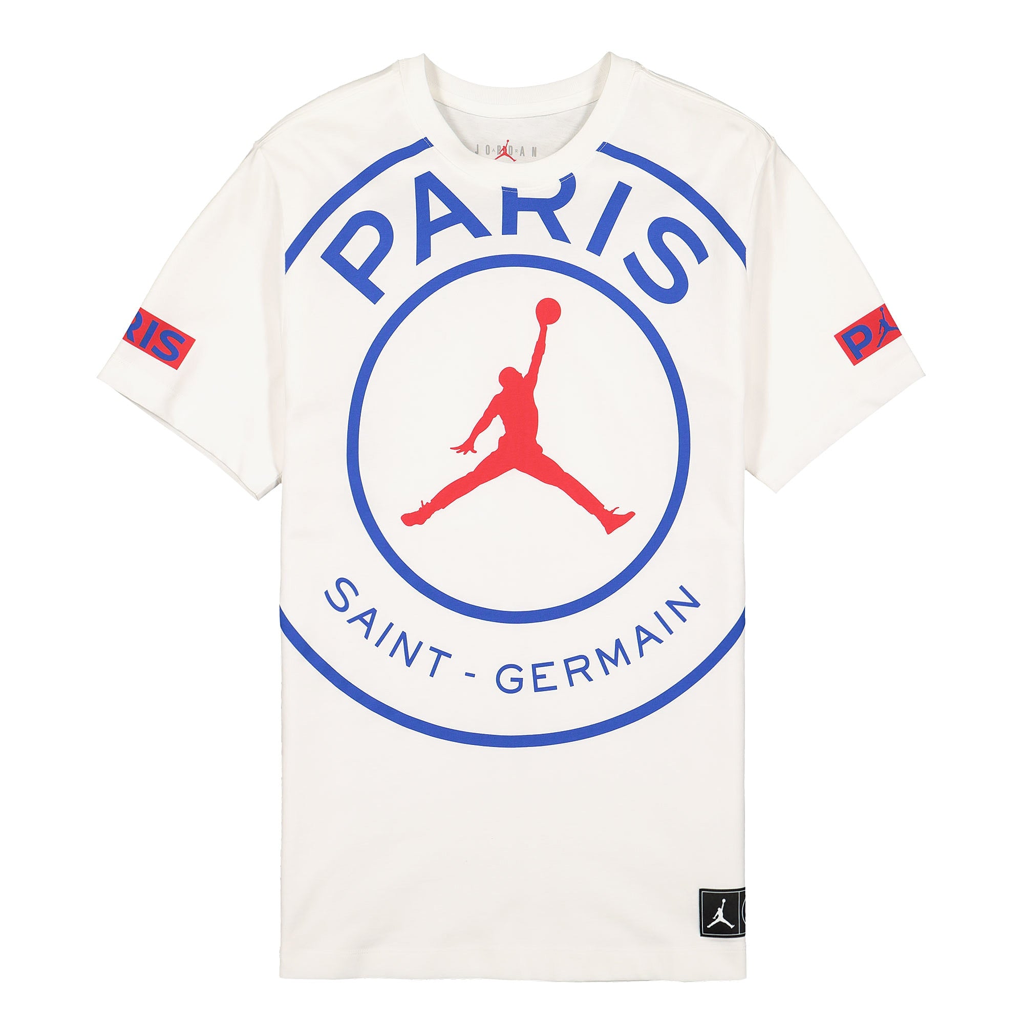 Jordan Paris Saint Germain x Air Jordan SS Logo Tee White / Game Royal / University Red T-Shirts BQ8384 100 | Overkill