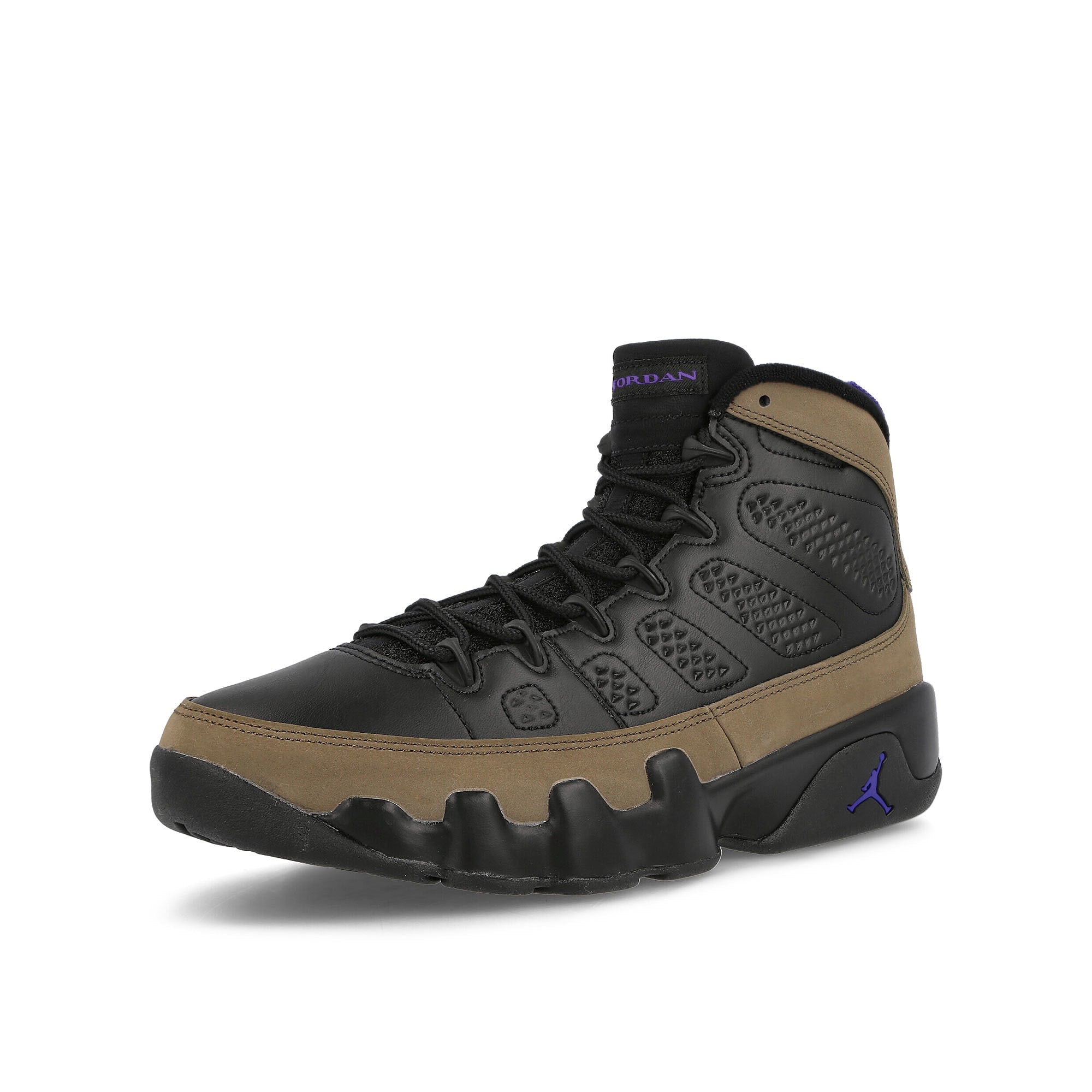 Jordan Air Jordan 9 Retro Black-Bright Concord - Light Olive Sneakers Close Up | Overkill