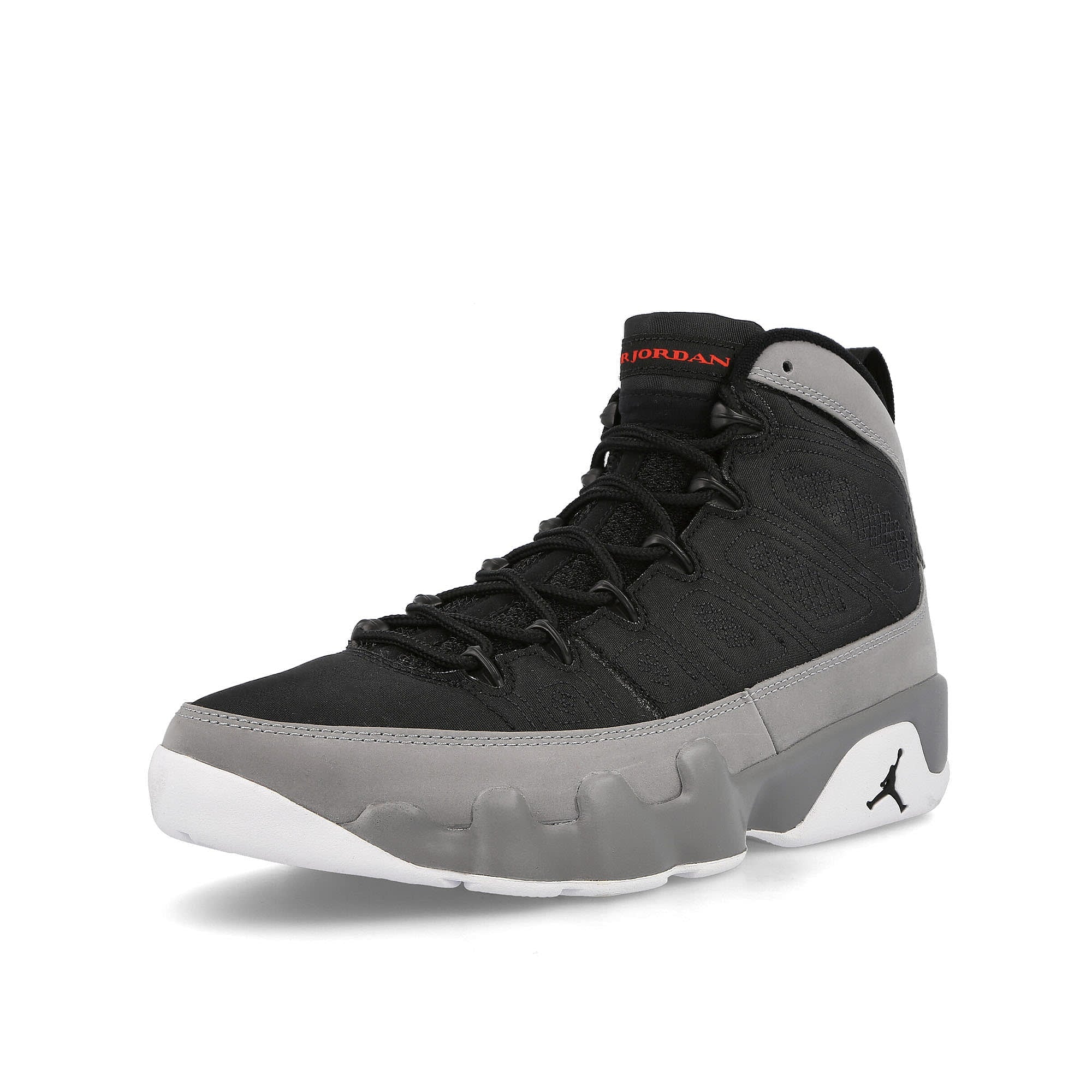 Jordan Air Jordan 9 Retro Black / University Red - Particle Grey - White Sneakers Close Up | Overkill
