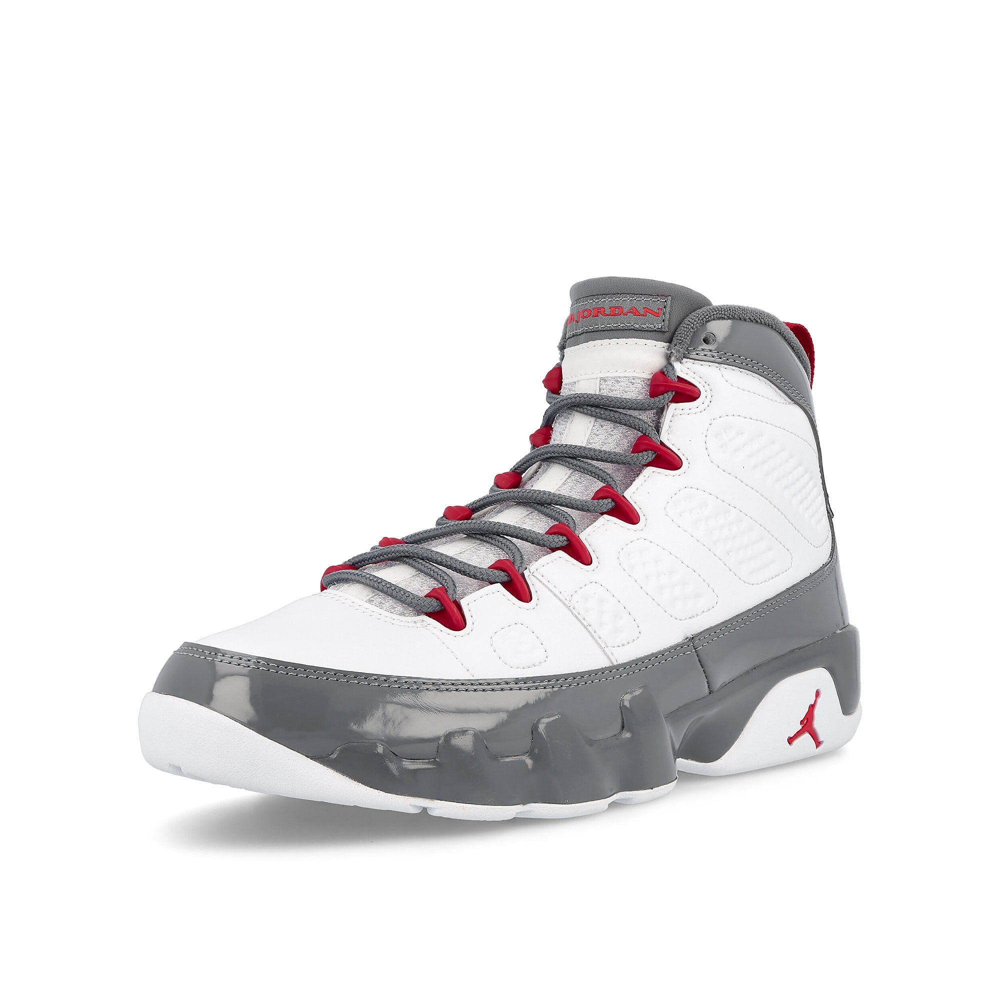 Jordan Air Jordan 9 Retro White / Fire Red - Cool Grey High Top Sneakers Close Up | Overkill
