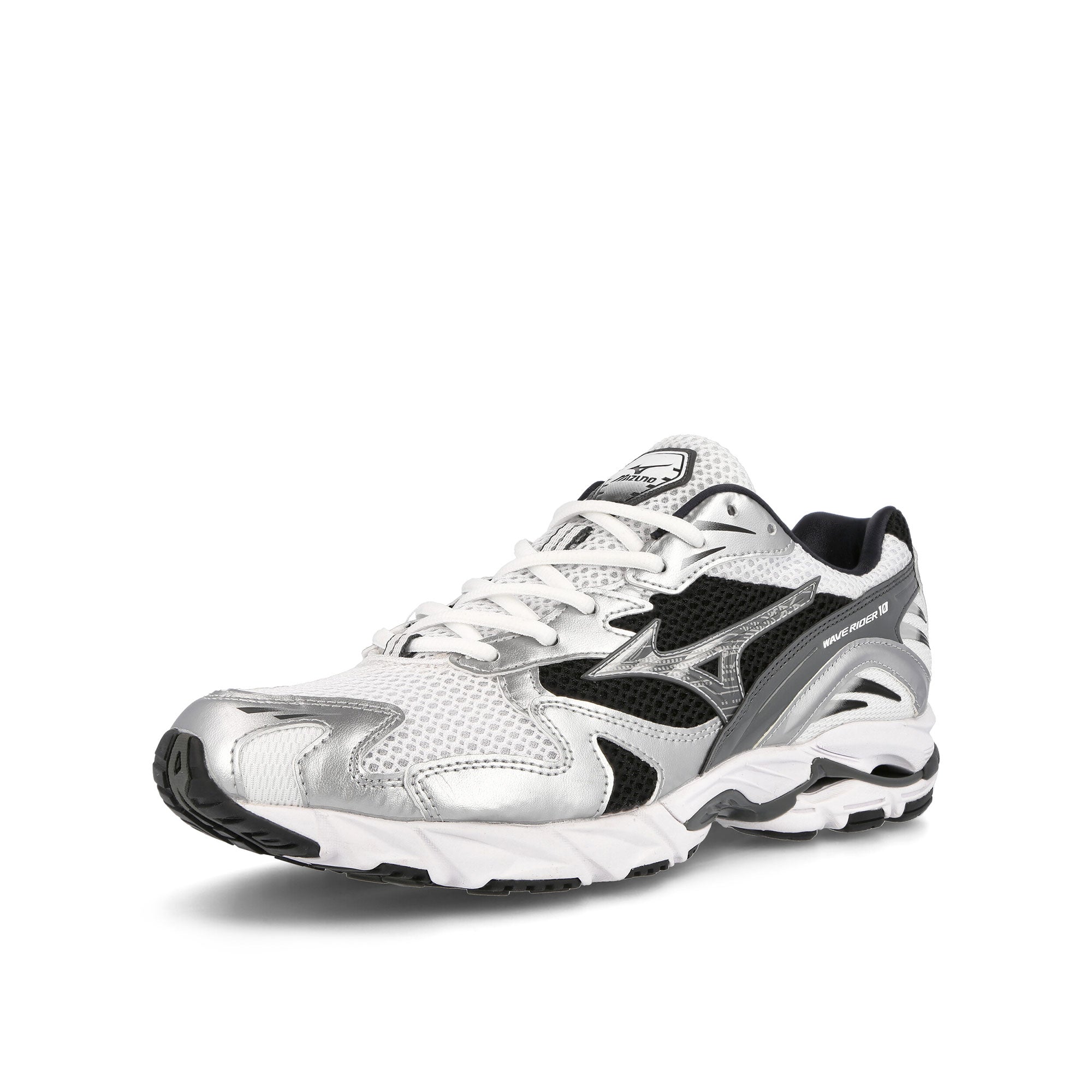 Mizuno Wave Rider 10 White / Silver / Black Low Top Sneakers Close Up | Overkill